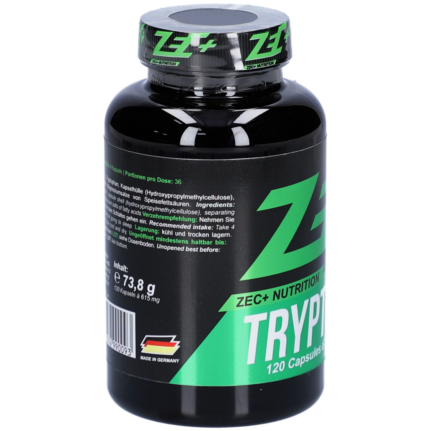 Schwarze Flasche mit grünem Etikett. Rückseite mit Inhaltsangaben und Herstellerinformationen. 73,8 g Inhalt. Hergestellt in Deutschland.