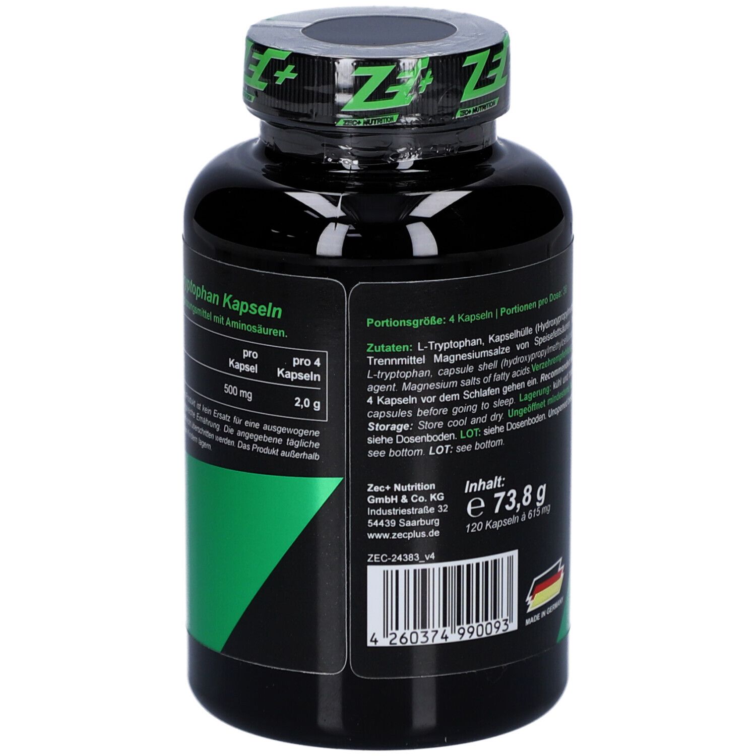 Schwarze Flasche mit grünem Etikett. Rückseite mit Nährwertangaben und Herstellerinformationen. 120 Kapseln. Hergestellt in Deutschland.