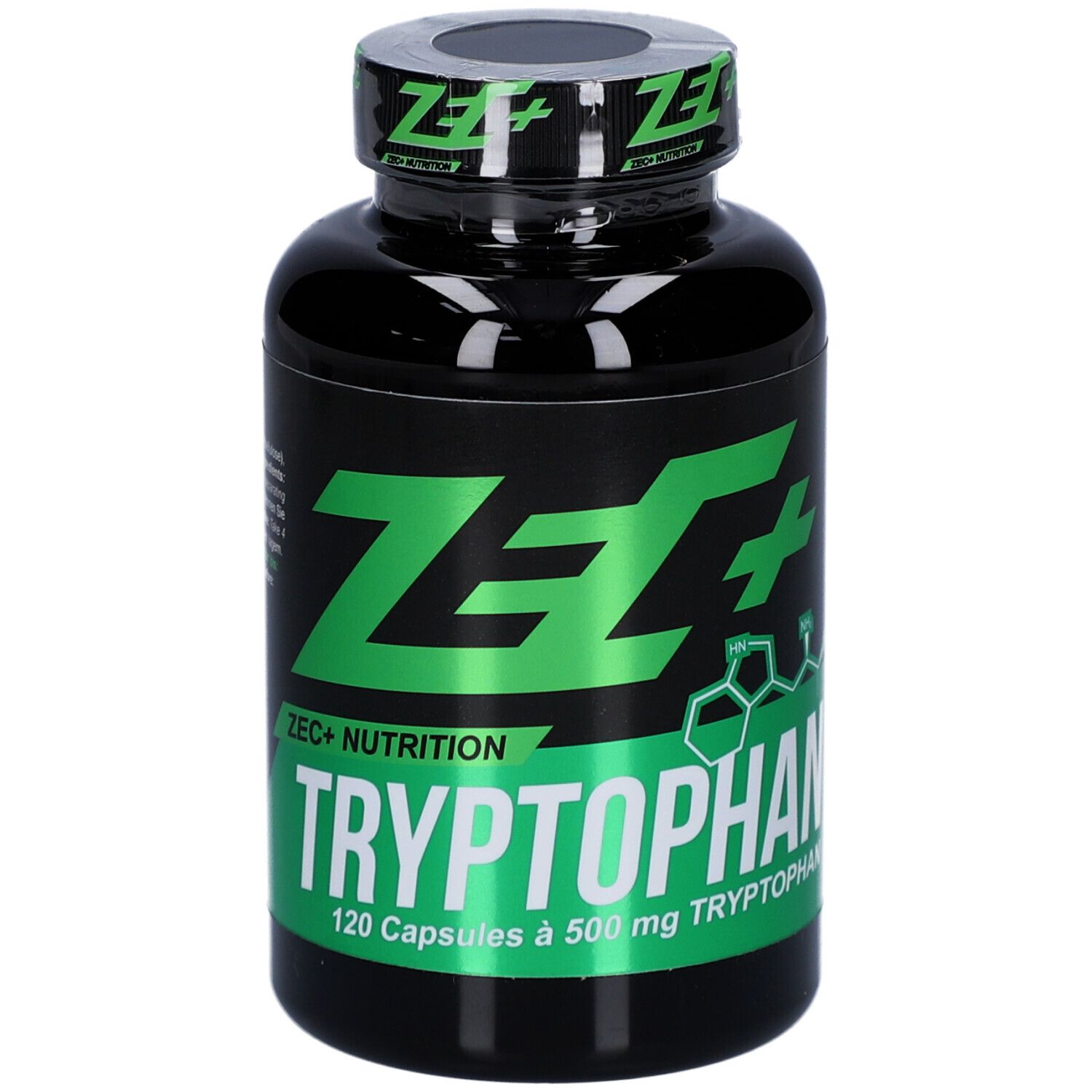 Schwarze Flasche mit grünem Etikett. Aufschrift: ZEC+ TRYPTOPHAN, 120 Kapseln à 500 mg. Deckel mit ZEC+ Logo.