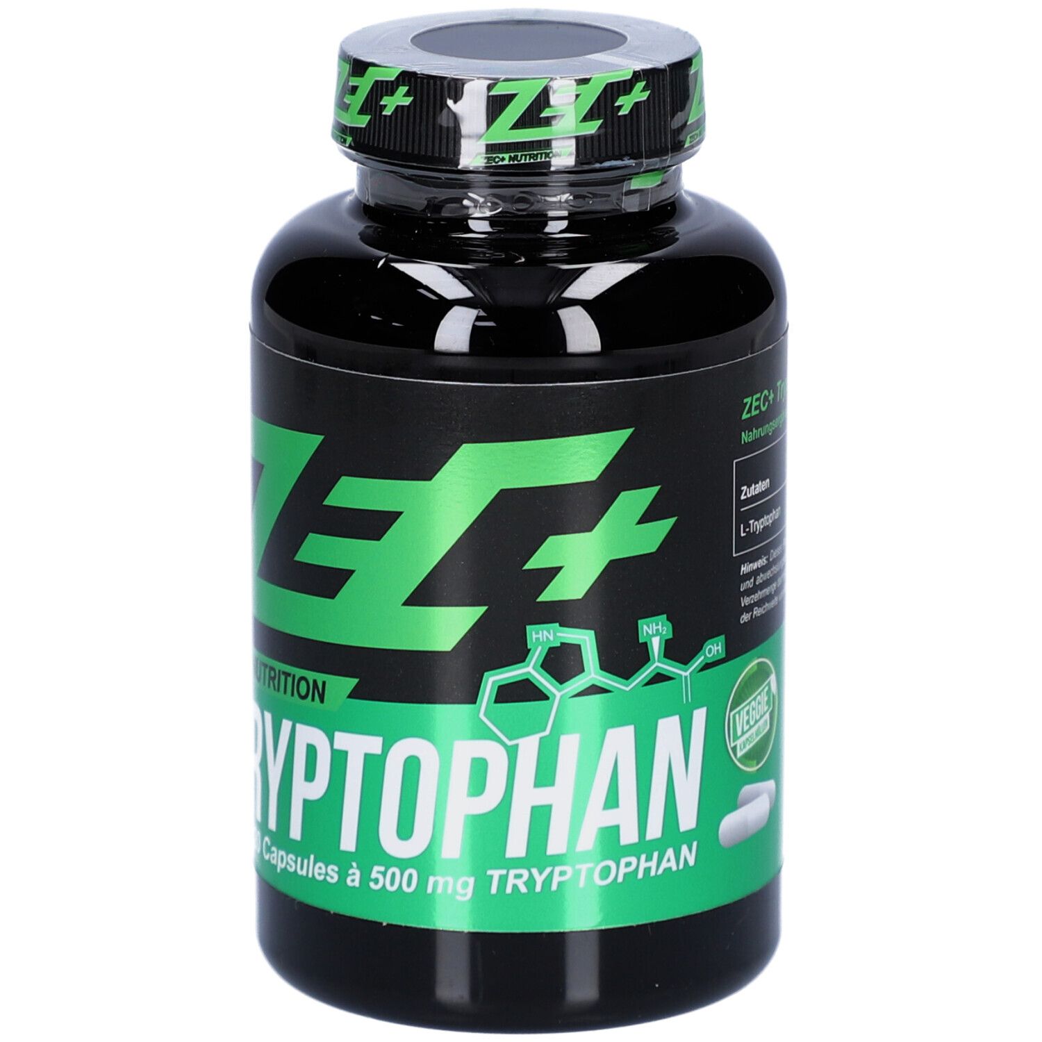 Schwarze Flasche mit grünem Etikett. Aufschrift: ZEC+ TRYPTOPHAN, 120 Kapseln à 500 mg. Veggie-Siegel. Kapseln sichtbar.