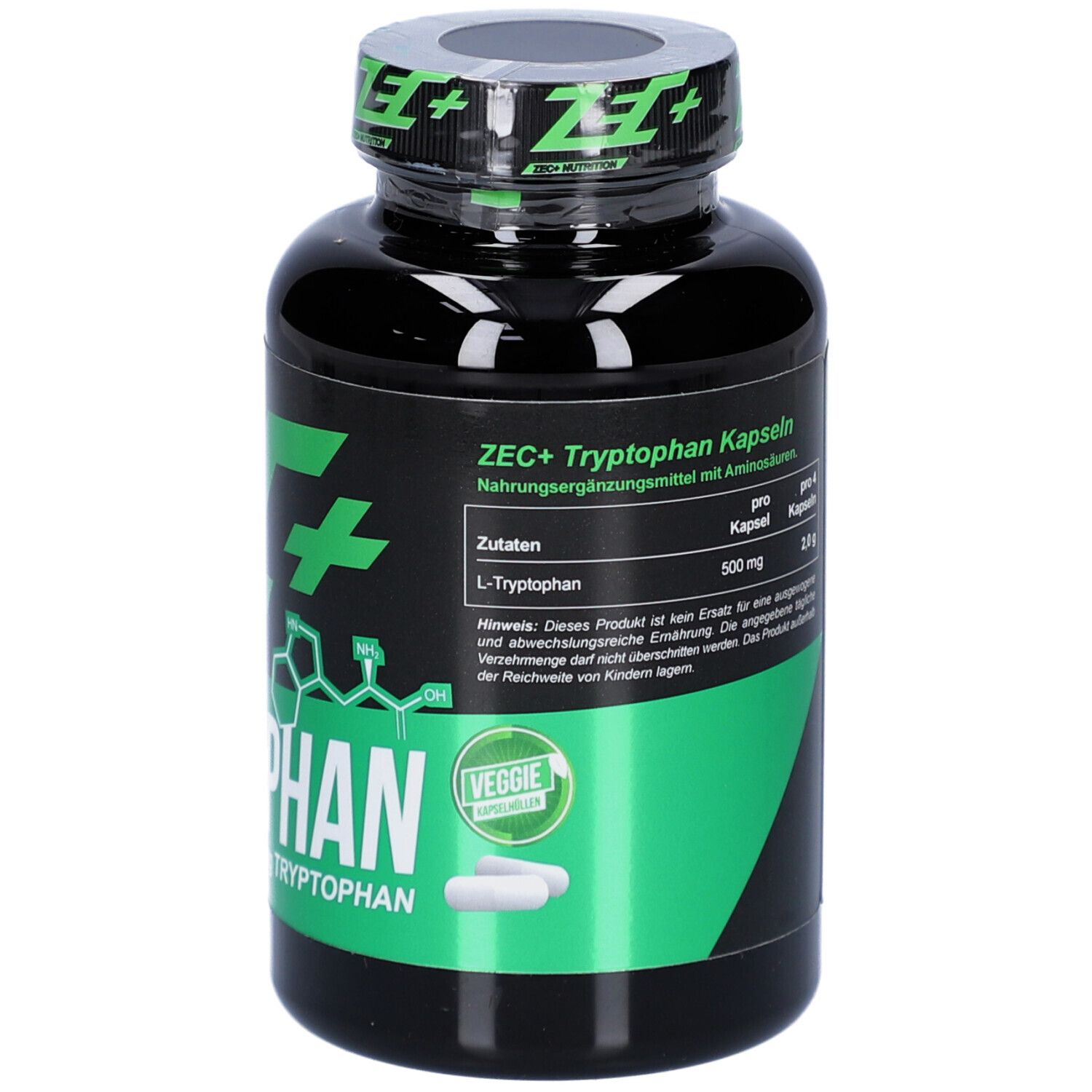 Schwarze Flasche mit grünem Etikett. Aufschrift: ZEC+ TRYPTOPHAN. Veggie-Siegel. Kapseln sichtbar. Nährwertangaben.