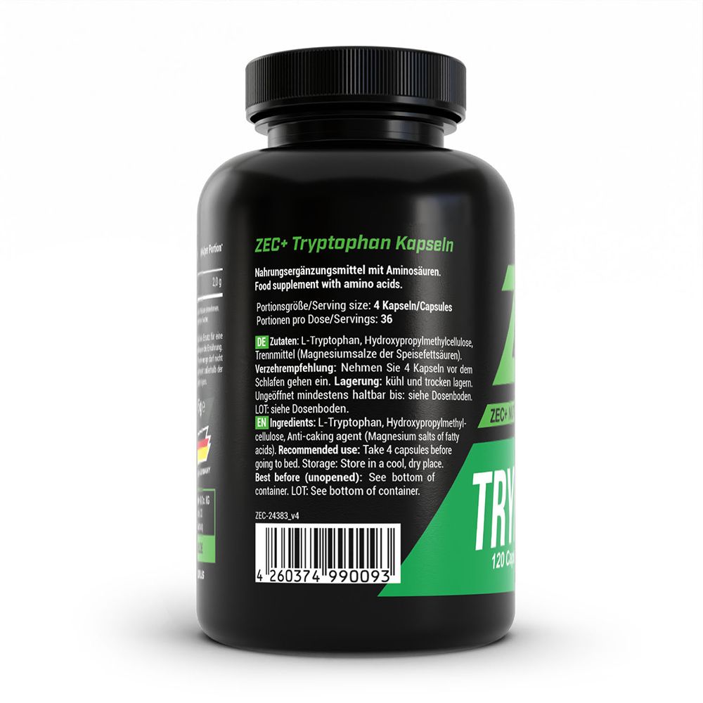 Arrière d'un pot de capsules ZEC+ Tryptophan avec détails sur les ingrédients et l'utilisation.