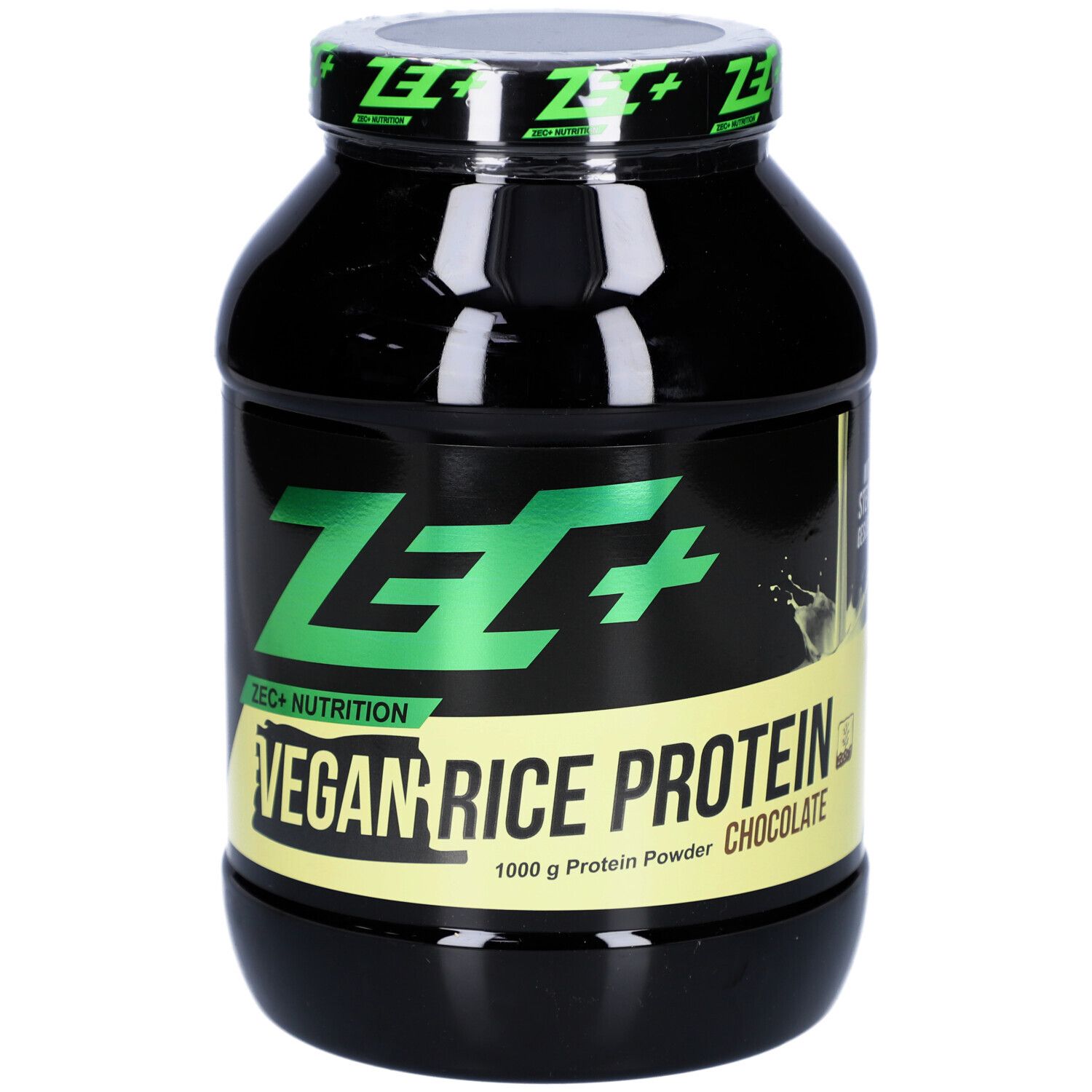 Schwarze Dose mit grünem ZEC+ Logo und Schriftzug VEGAN RICE PROTEIN. Aufschrift: 1000 g Protein Powder Chocolate.