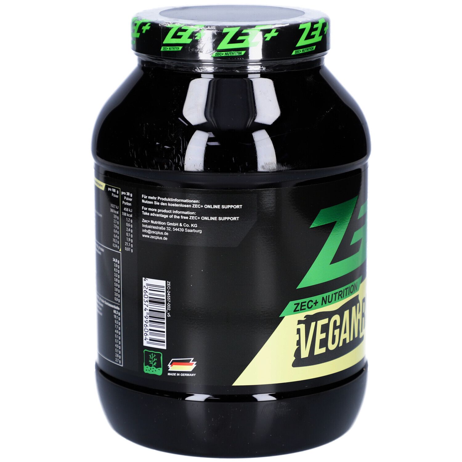 Schwarze Dose, Rückseite mit Text und Barcode. ZEC+ Logo und Schriftzug VEGAN. Hergestellt in Deutschland.