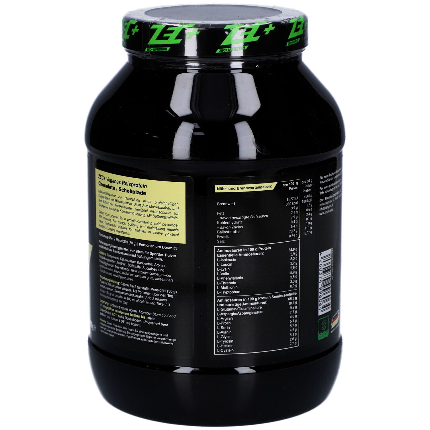 Schwarze Dose, Rückseite mit Text. Angaben zu Inhaltsstoffen und Nährwerten. ZEC+ Logo und Schriftzug VEGAN.