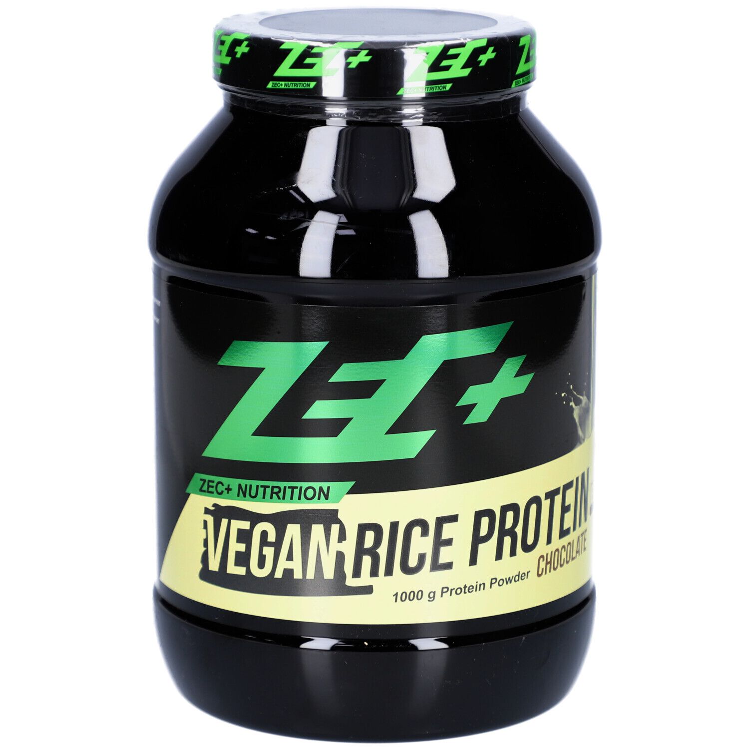 Schwarze Dose mit grünem ZEC+ Logo und Schriftzug VEGAN RICE PROTEIN. Aufschrift: 1000 g Protein Powder Chocolate.
