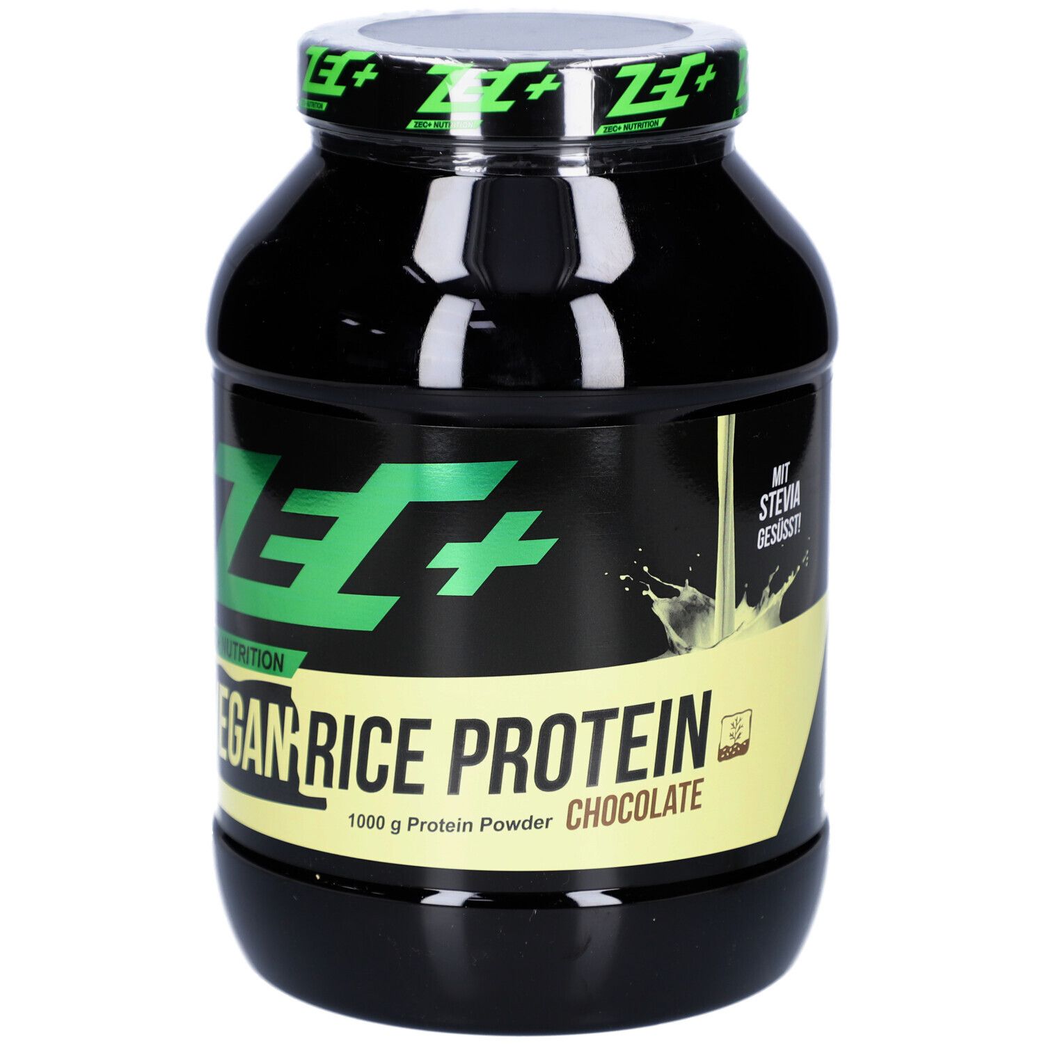 Schwarze Dose mit grünem ZEC+ Logo und Schriftzug VEGAN RICE PROTEIN. Aufschrift: 1000 g Protein Powder Chocolate. Mit Stevia.