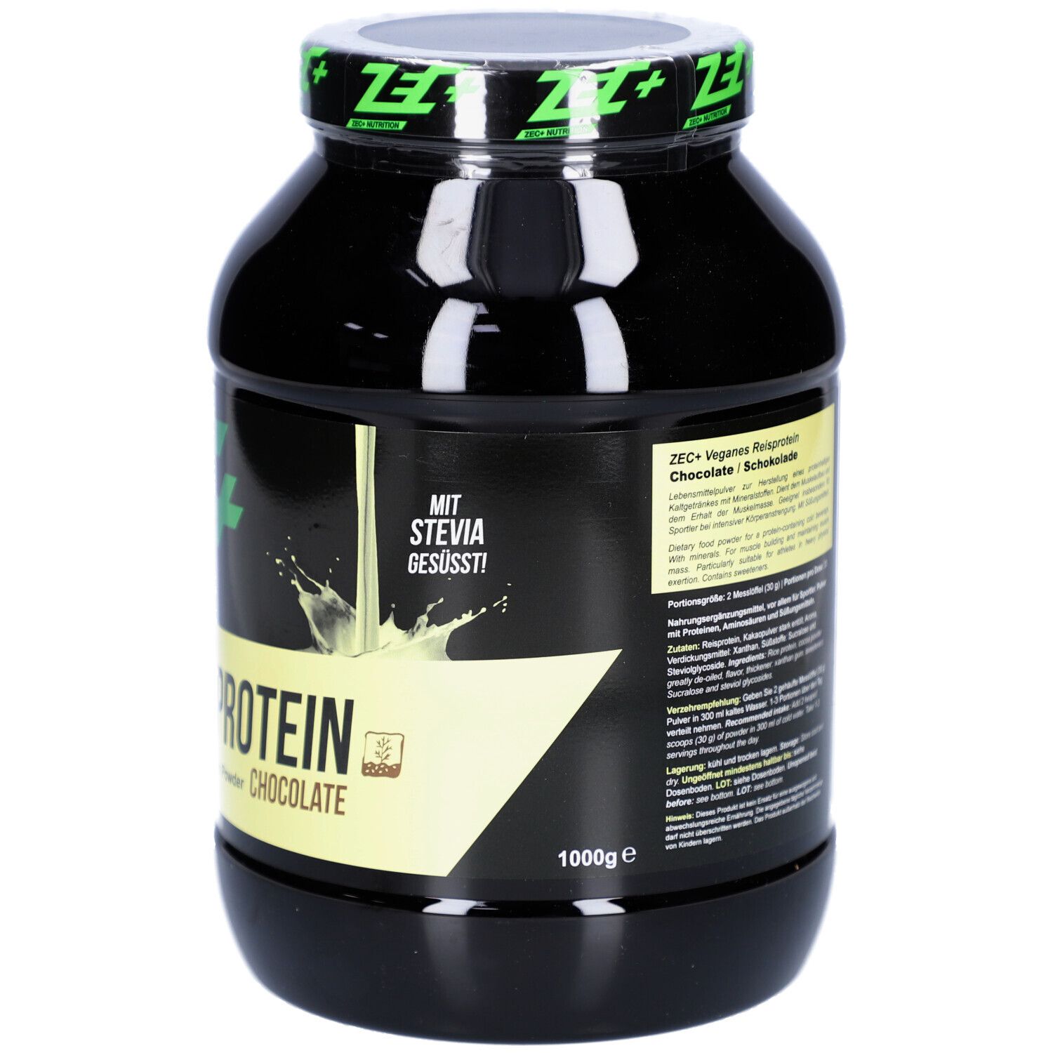 Schwarze Dose, Rückseite mit Text. ZEC+ Vegan Rice Protein Chocolate. Mit Stevia. 1000g.