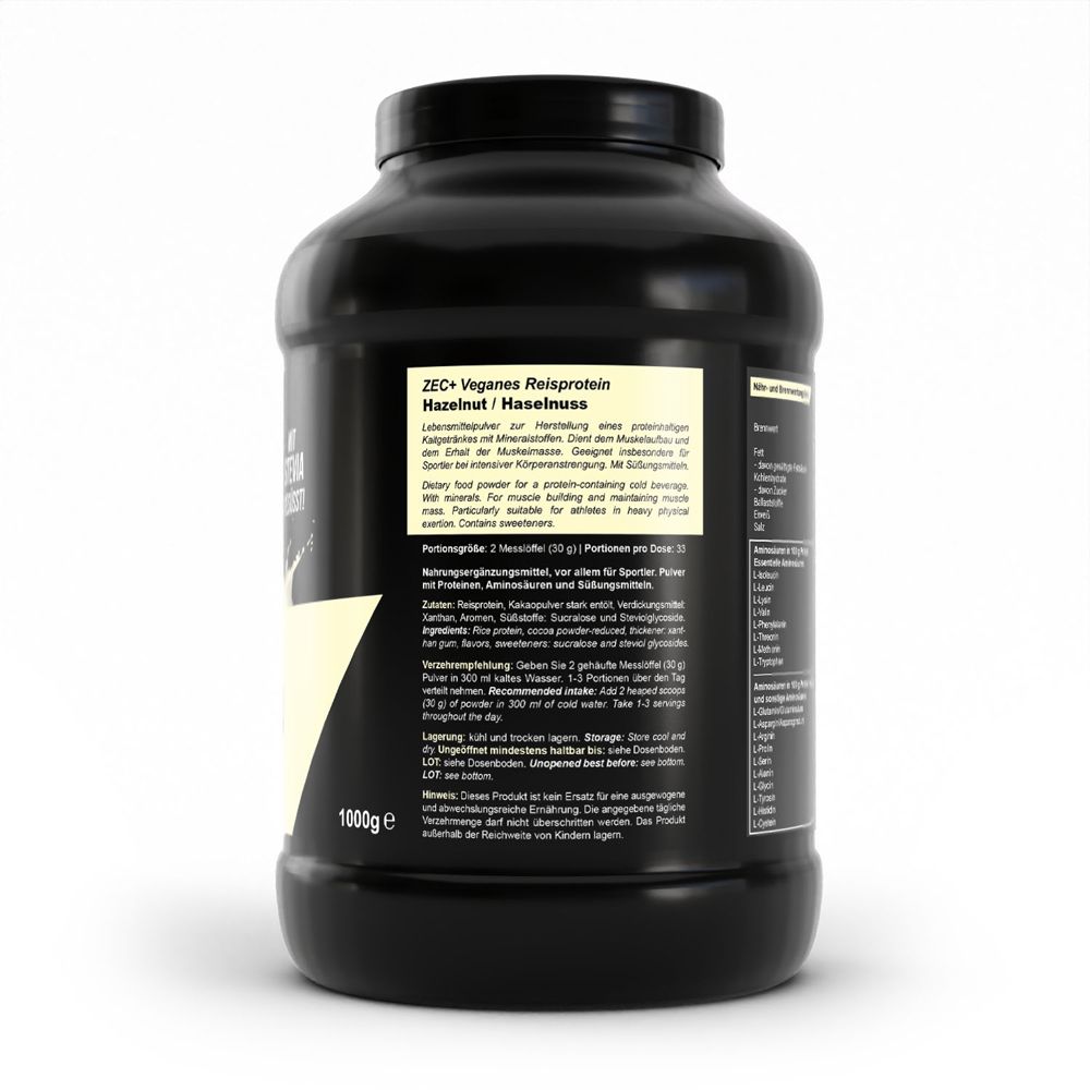 Dos de la boîte noire. Texte avec informations nutritionnelles et ingrédients. 1000g. Avec certification.