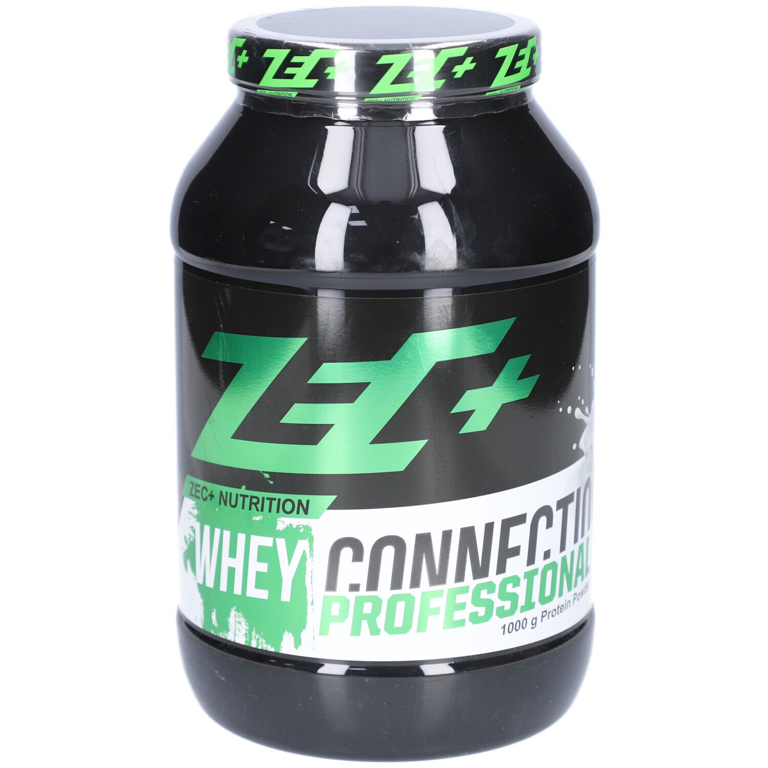 Schwarze Dose mit grünem ZEC+ Logo und Schriftzug Whey Connection Professional. 1000g Protein Powder.
