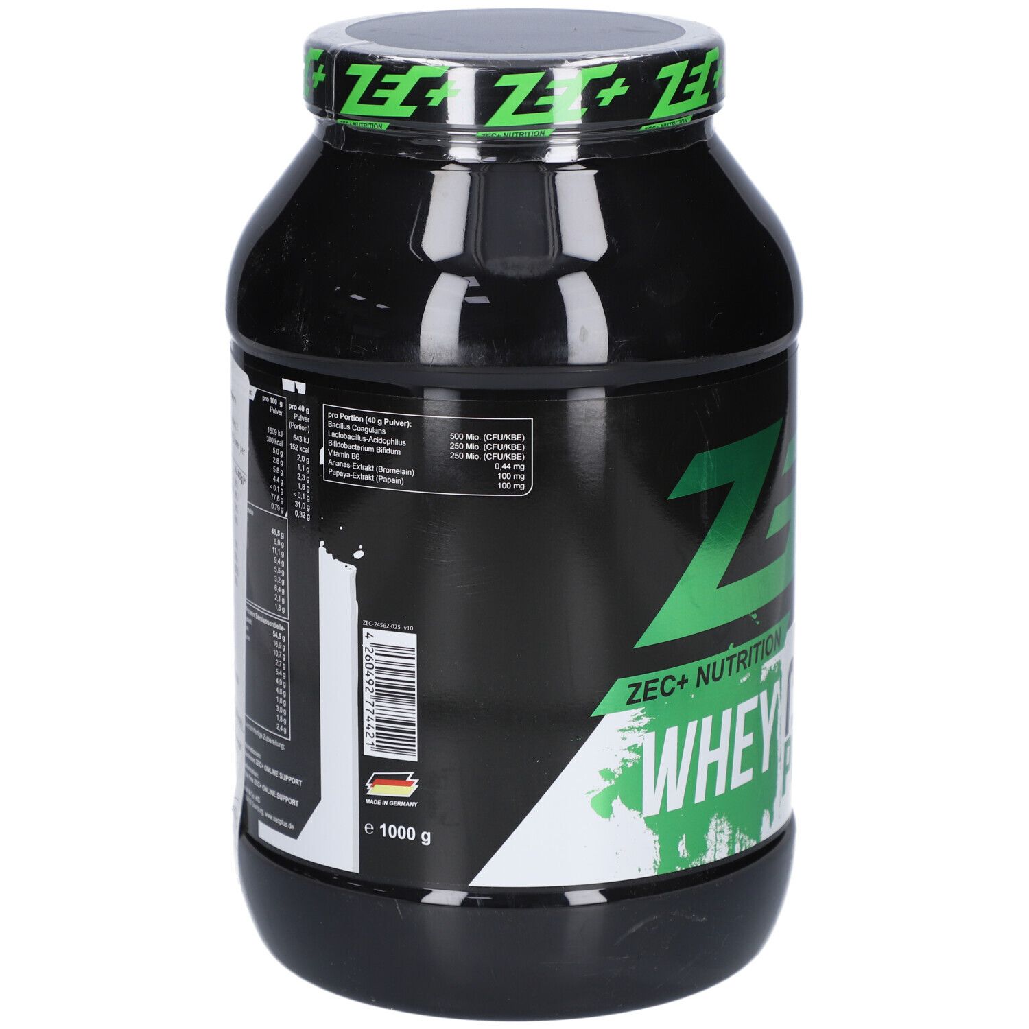 Schwarze Dose mit Nährwertangaben und Barcode. ZEC+ Whey Connection Professional, 1000g.