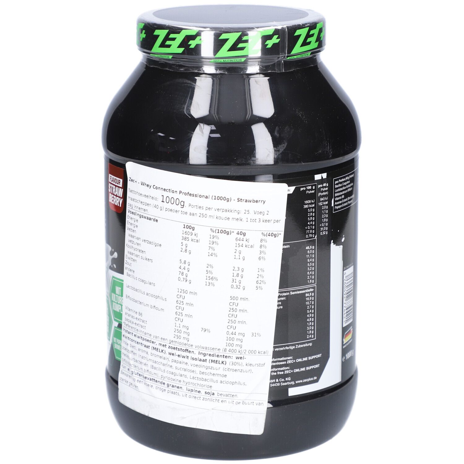 Schwarze Dose mit Nährwertangaben und Erdbeer-Geschmack. ZEC+ Whey Connection Professional, 1000g.
