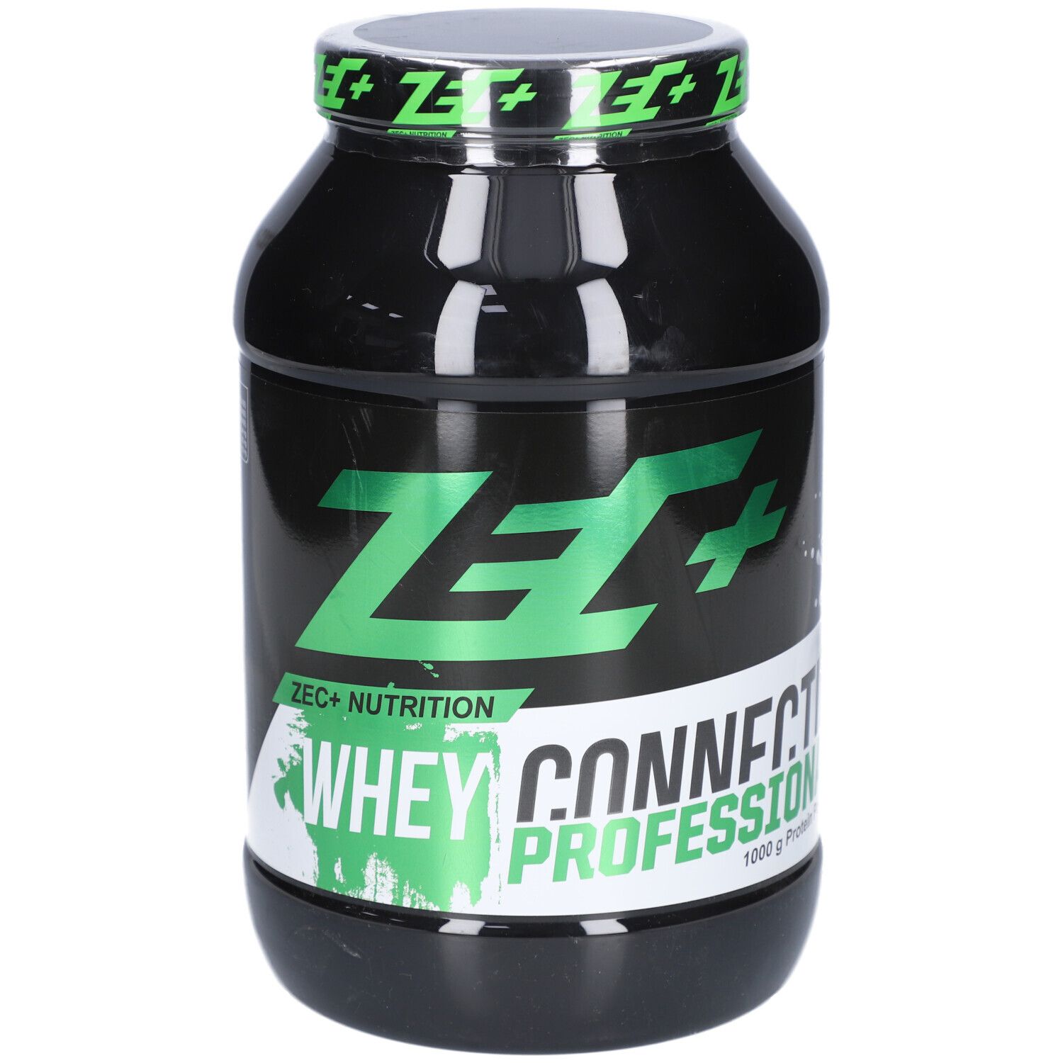 Schwarze Dose mit grünem ZEC+ Logo und Schriftzug Whey Connection Professional. 1000g Protein Powder.