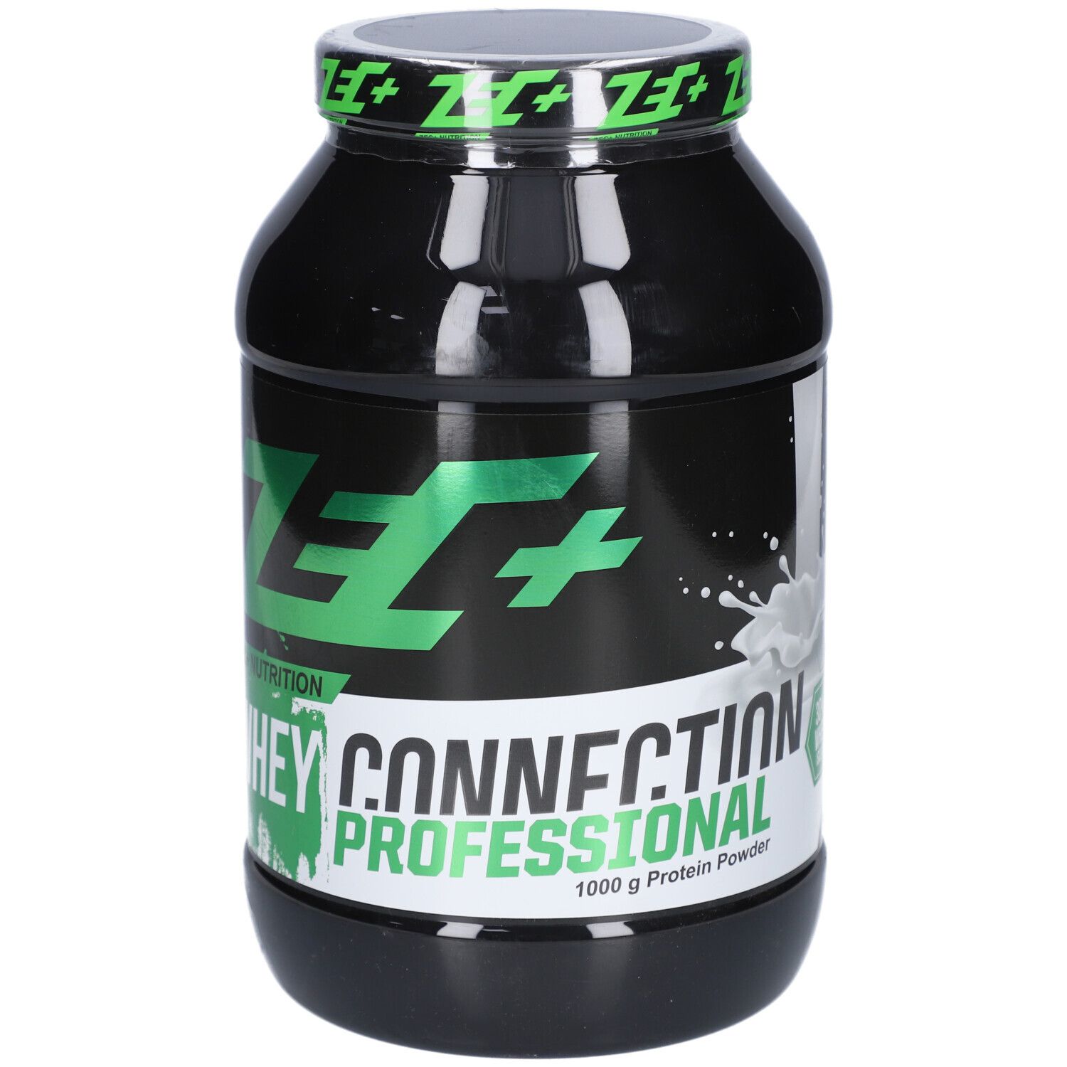 Schwarze Dose mit ZEC+ Logo und Schriftzug Whey Connection Professional. 1000g Protein Powder.