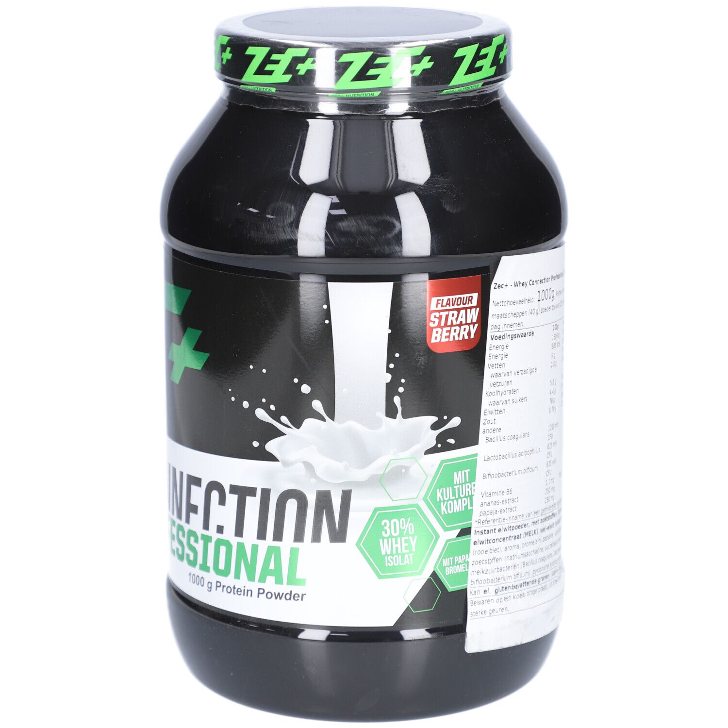 Schwarze Dose mit Erdbeer-Geschmack und ZEC+ Logo. Whey Connection Professional, 1000g Protein Powder.
