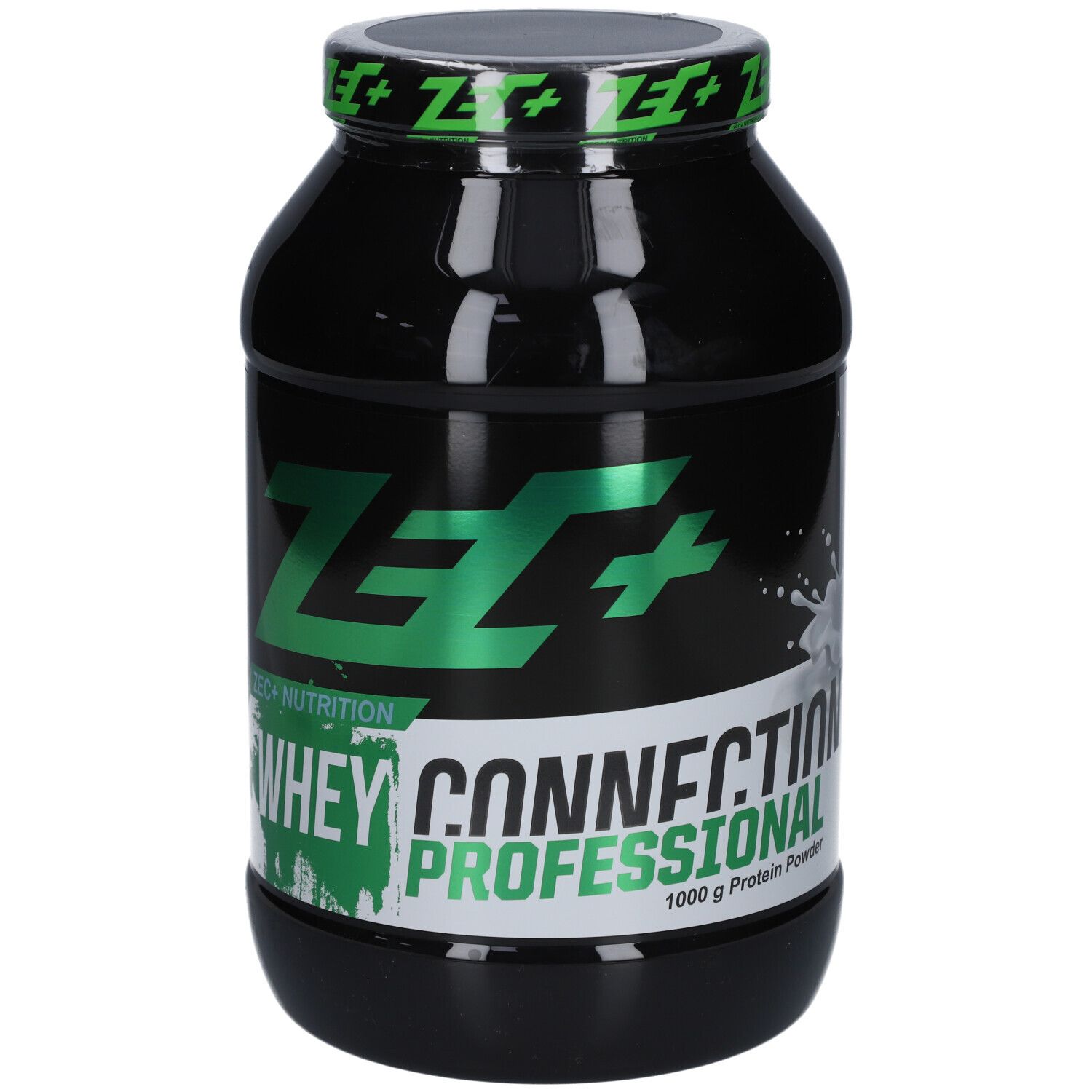 Schwarze Dose mit grünem ZEC+ Logo und Schriftzug WHEY CONNECTION PROFESSIONAL. 1000 g Protein Powder.