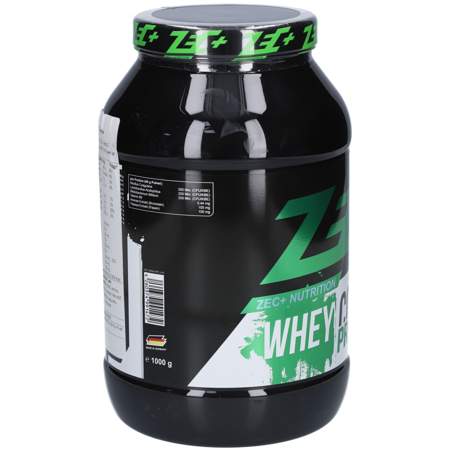 Schwarze Dose mit grünem ZEC+ Logo und Text. Rückseite mit Nährwertangaben und Barcode. Hergestellt in Deutschland.