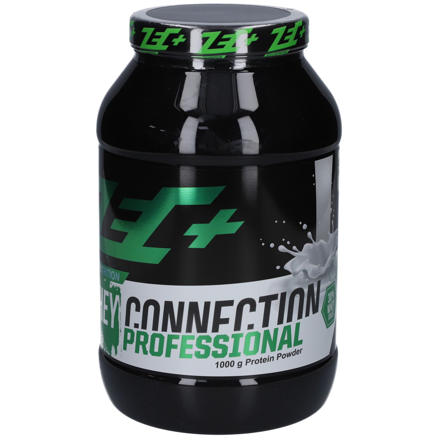 Schwarze Dose mit grünem ZEC+ Logo und Schriftzug WHEY CONNECTION PROFESSIONAL. 1000 g Protein Powder. Milchspritzer.
