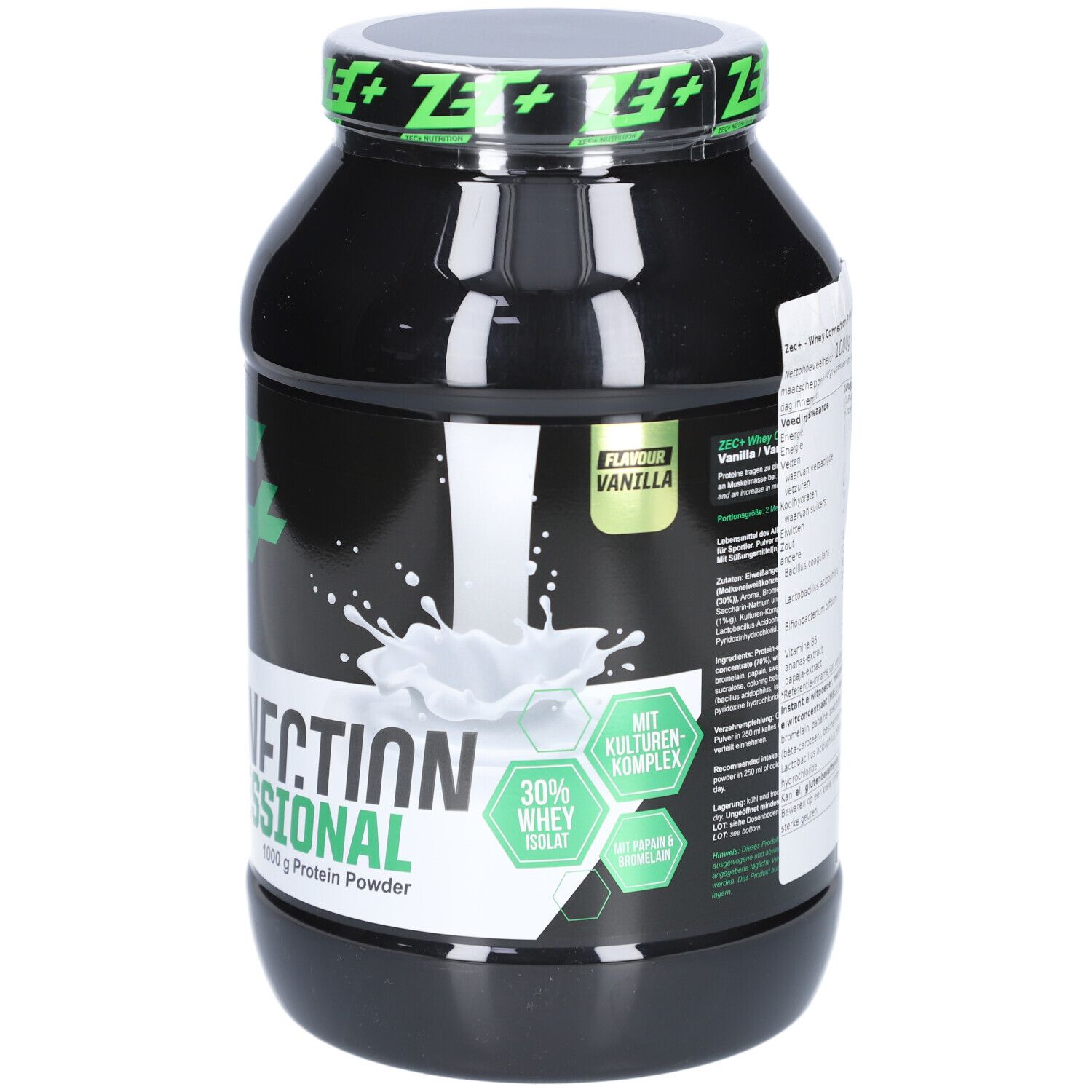 Schwarze Dose mit grünem ZEC+ Logo und Schriftzug WHEY CONNECTION PROFESSIONAL. 1000 g Protein Powder. Vanille-Aroma.
