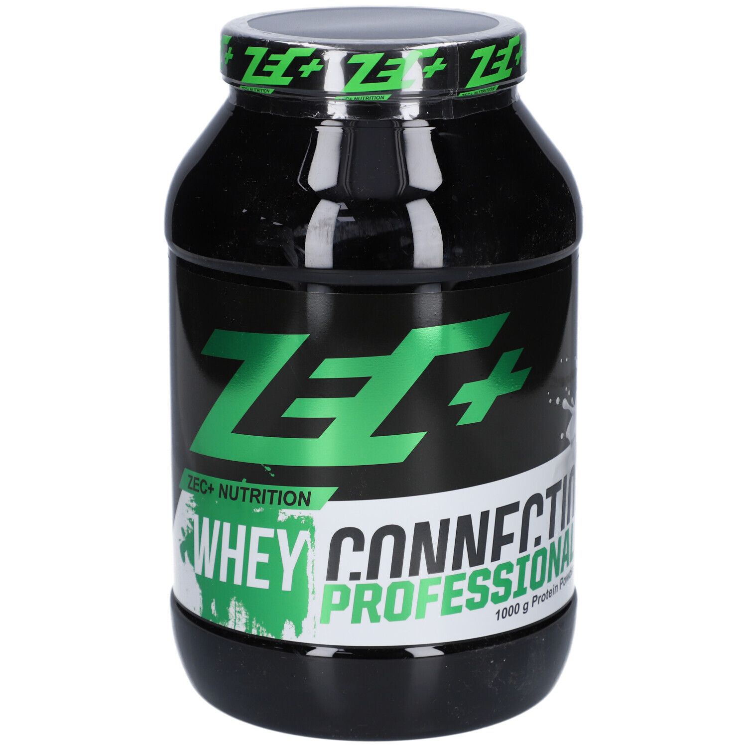 Boîte noire avec logo ZEC+ vert et texte Whey Connection Professional. 1000g de protéines.
