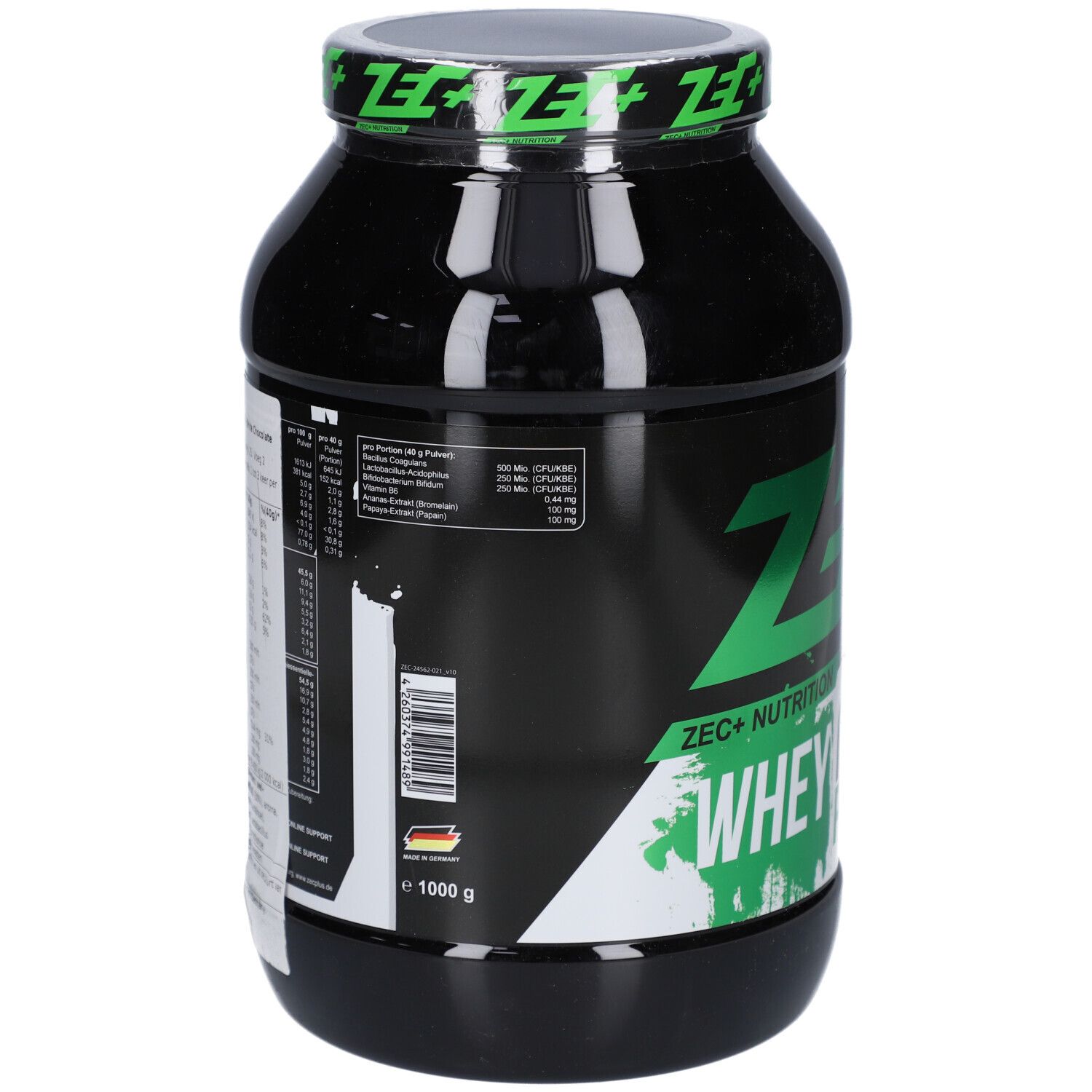 Boîte noire, dos avec informations nutritionnelles et code-barres. Fabriqué en Allemagne. 1000 g.