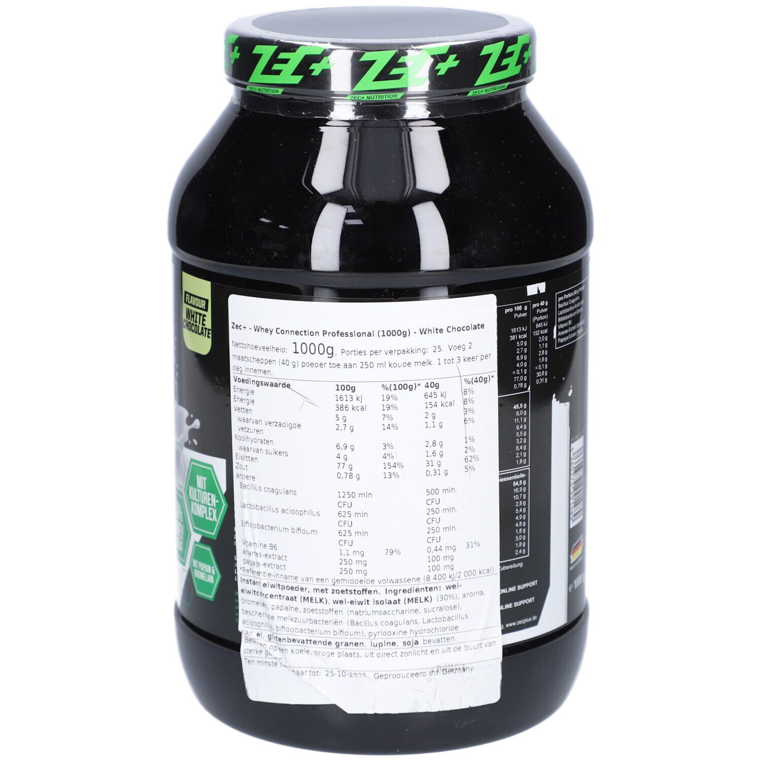 Boîte noire, dos avec informations nutritionnelles et texte. 1000g. Goût: White Chocolate.