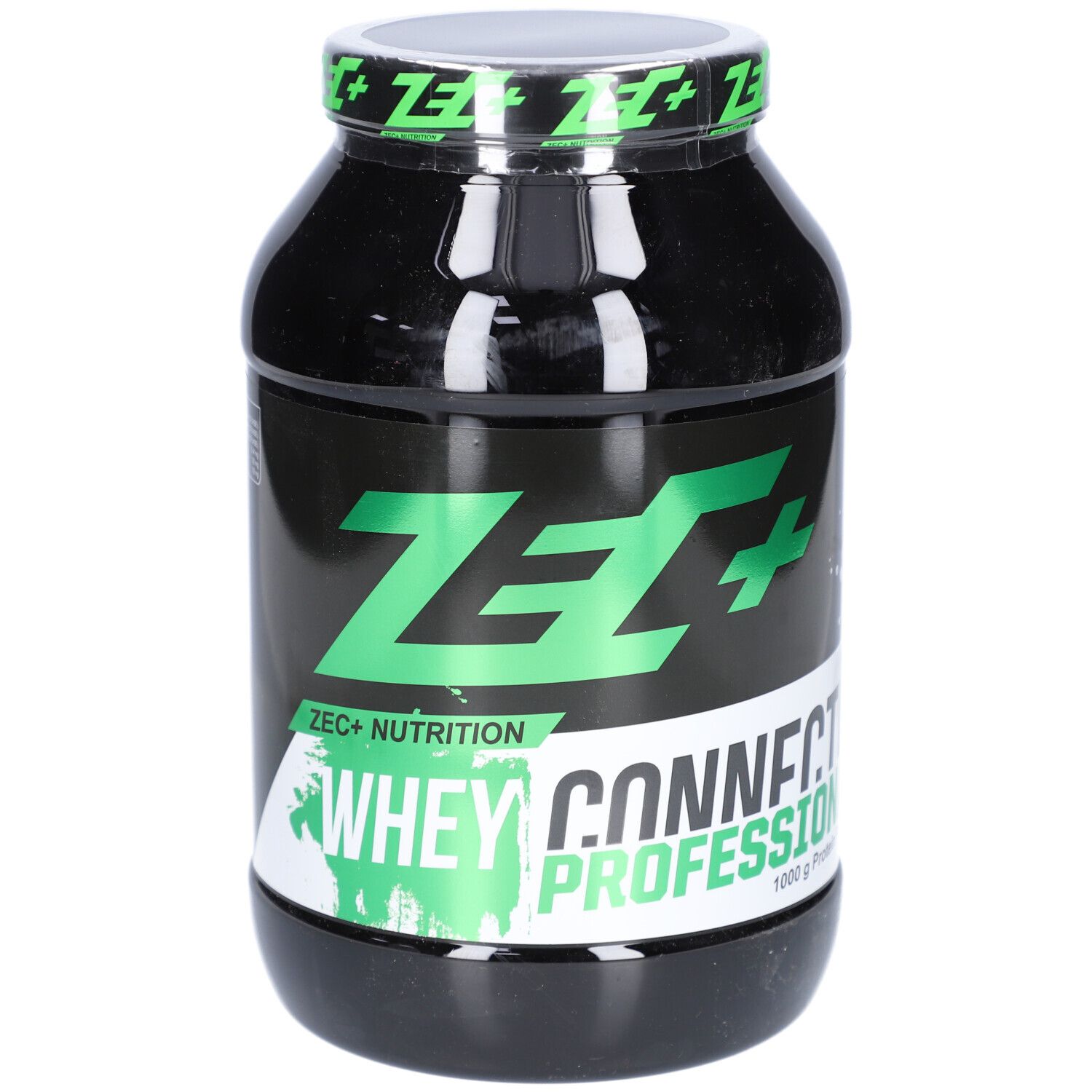 Boîte noire avec logo ZEC+ vert et texte Whey Connection Professional. 1000g de protéines.