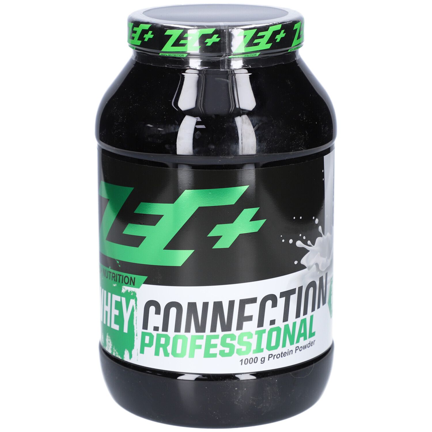 Boîte noire avec logo ZEC+ vert et texte Whey Connection Professional. 1000g Protein Powder.