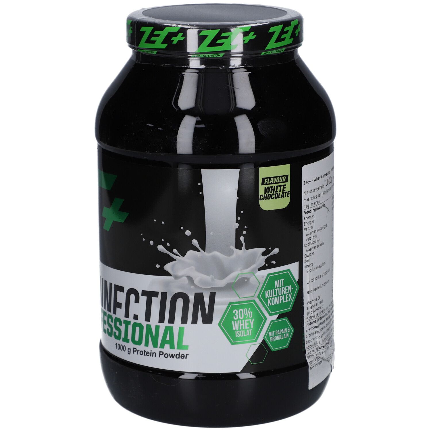 Boîte noire avec logo ZEC+ vert et texte Whey Connection Professional. 1000g Protein Powder. Goût: White Chocolate.