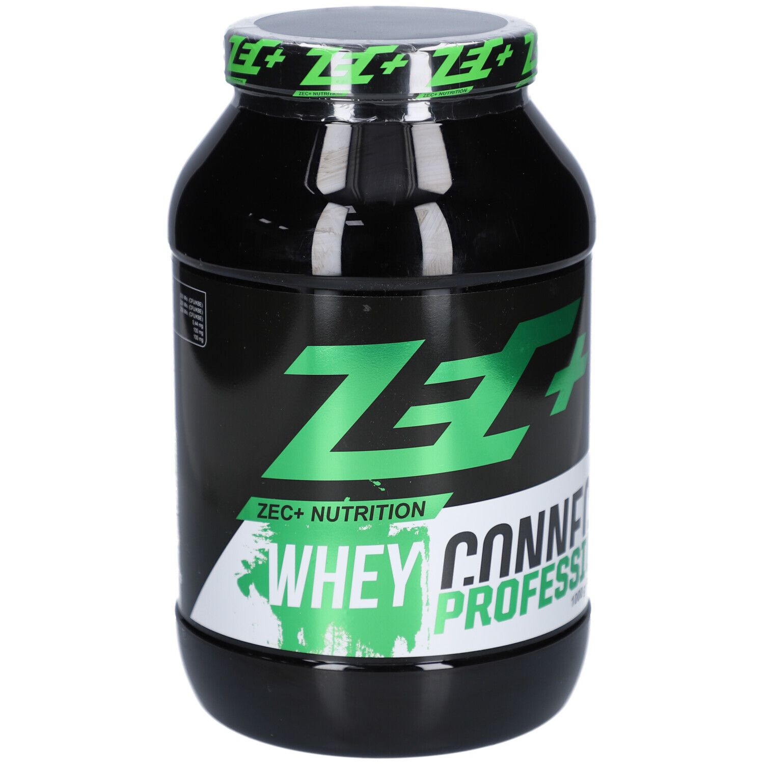 Boîte noire avec logo ZEC+ vert et texte Whey Connection Professional. 1000g.