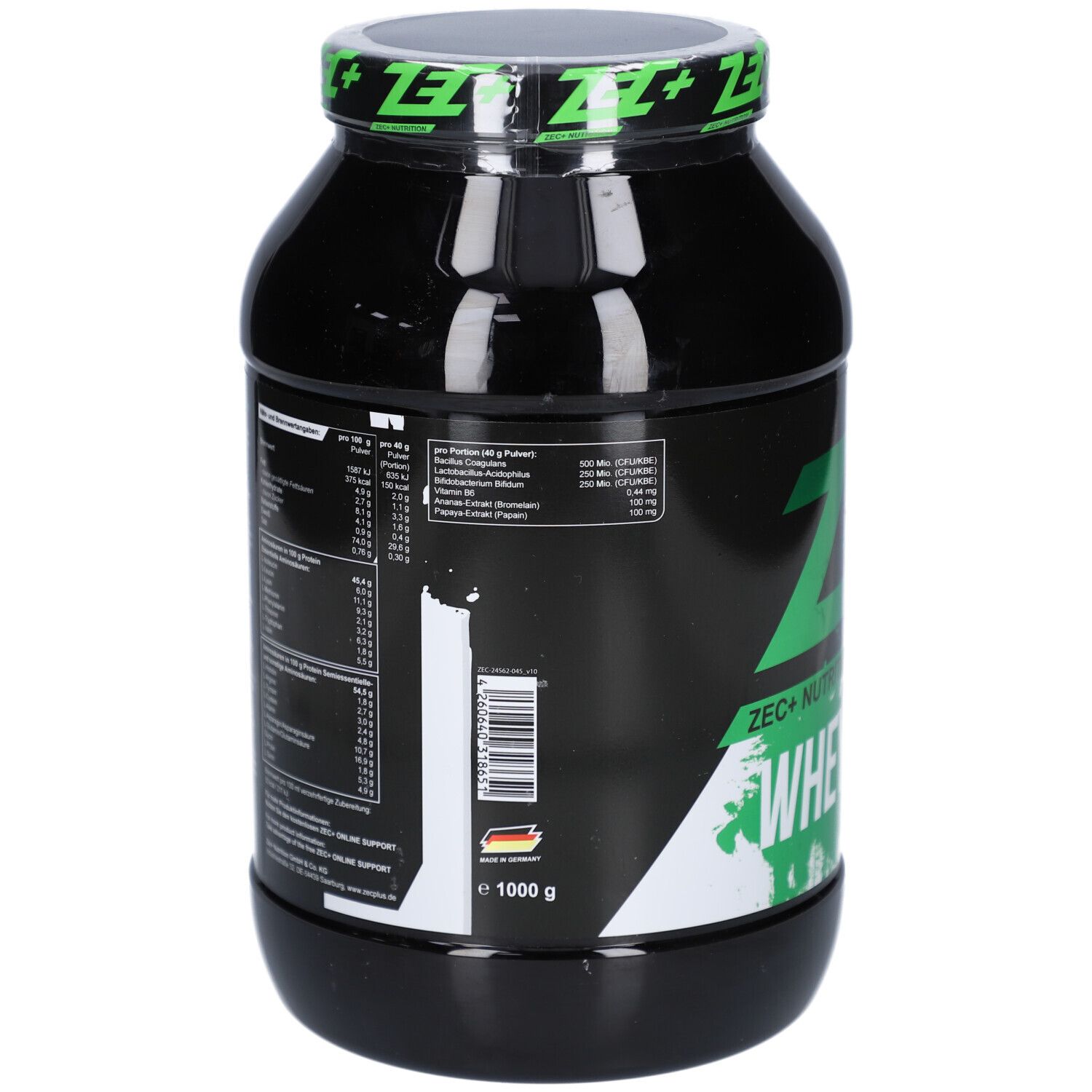 Dos de la boîte noire avec informations nutritionnelles et code-barres. 1000g.