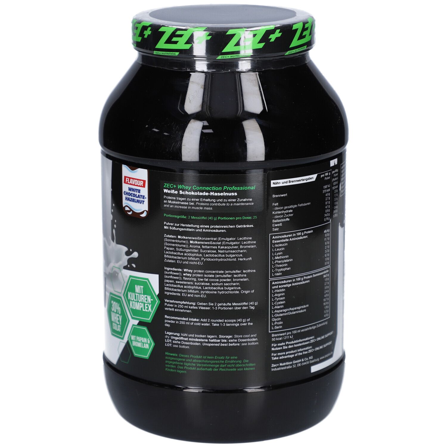 Dos de la boîte avec informations produit, dont White Chocolate-Hazelnut. 1000g.