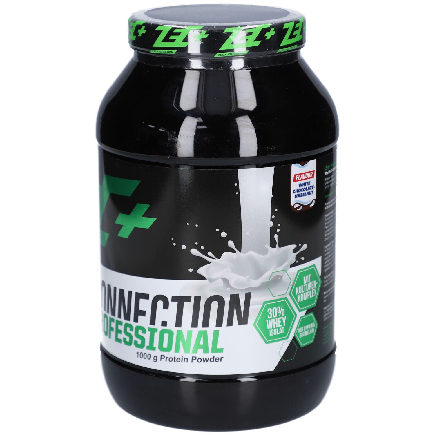 Boîte noire avec logo ZEC+ vert et texte Whey Connection Professional. 1000g Protein Powder.