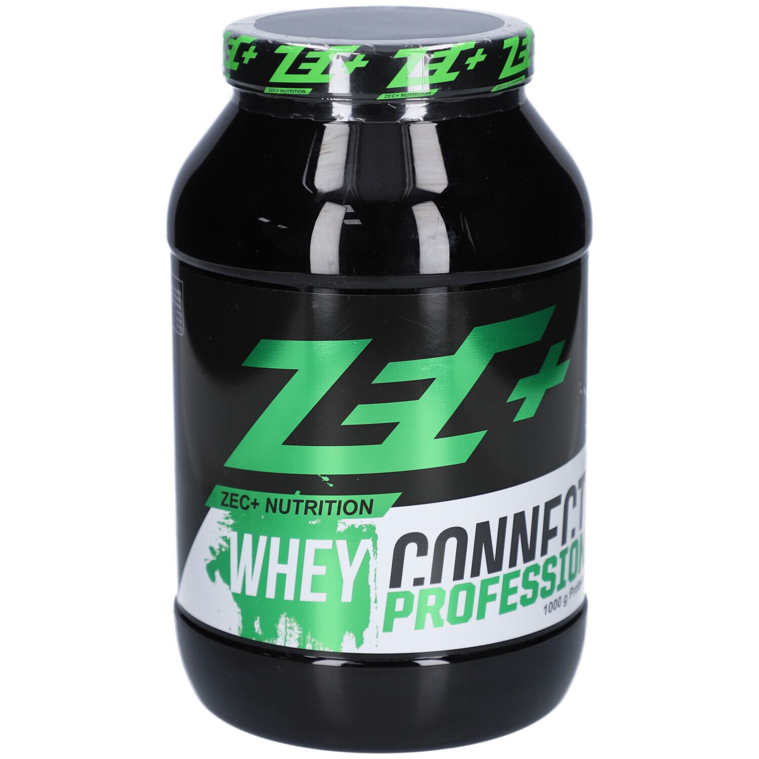 Boîte noire avec logo ZEC+ vert et texte Whey Connection Professional. 1000g.