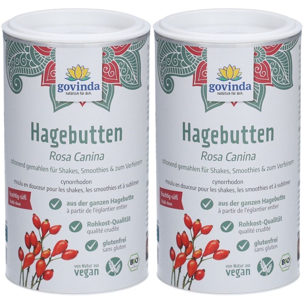 Zwei Dosen Govinda Hagebuttenpulver. Weiße Dosen mit floralem Design und Produktinformationen. Vegan, glutenfrei.