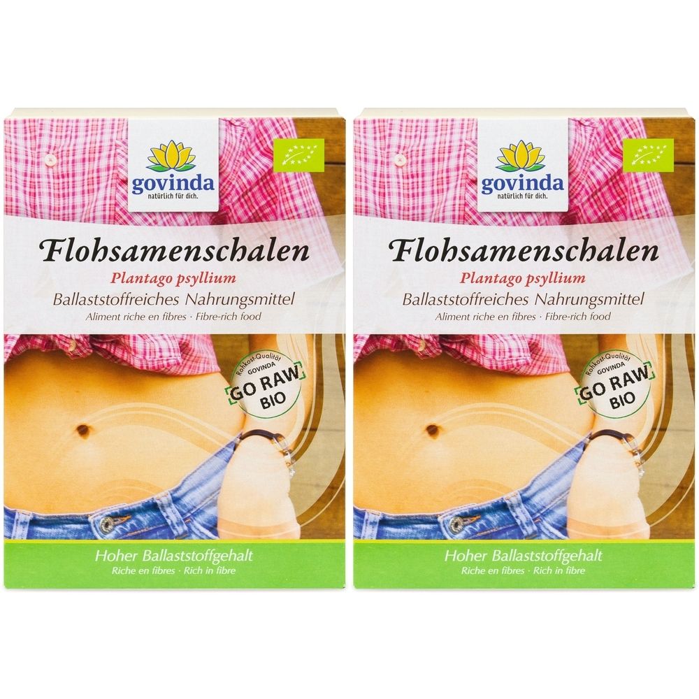 Zwei Packungen mit "Flohsamenschalen"-Aufdruck. Logo "govinda" und Bio-Siegel. Text: "Ballaststoffreiches Nahrungsmittel".