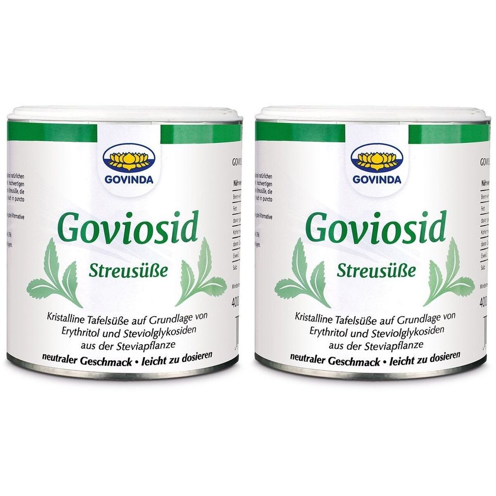 Deux boîtes de Govinda Goviosid Streusüße. Boîtes blanches avec couvercle vert et inscription. Inscription : Goviosid Streusüße, édulcorant cristallin.