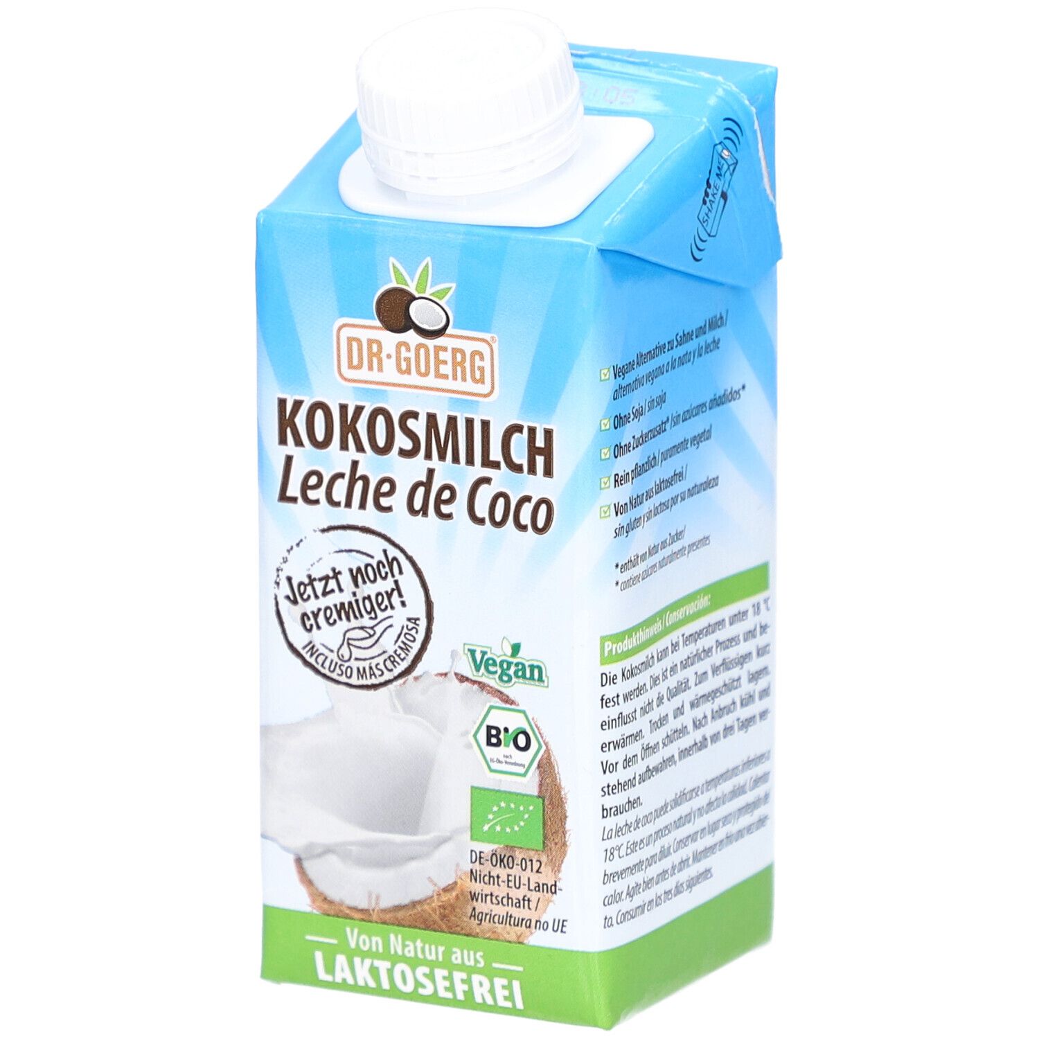 Bio-Kokosmilch-Packung. Marke: Dr. Goerg. Text: Kokosmilch, Laktosefrei, Vegan. Mit Bio-Siegel. Weiße Kappe.