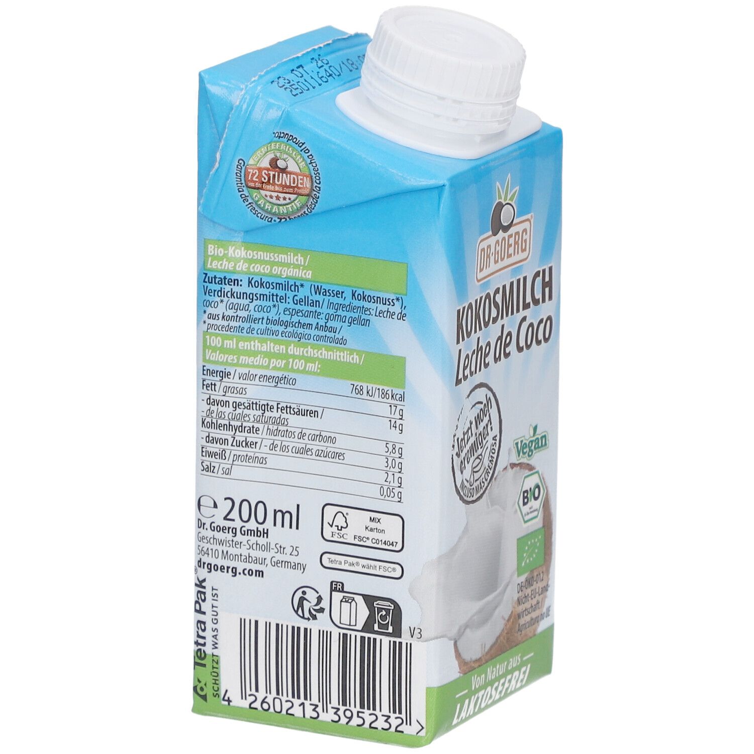 Rückseite der Bio-Kokosmilch-Packung. Zutatenliste, Nährwertangaben, Herstellerinformationen. 200ml. Mit Bio-Siegel.