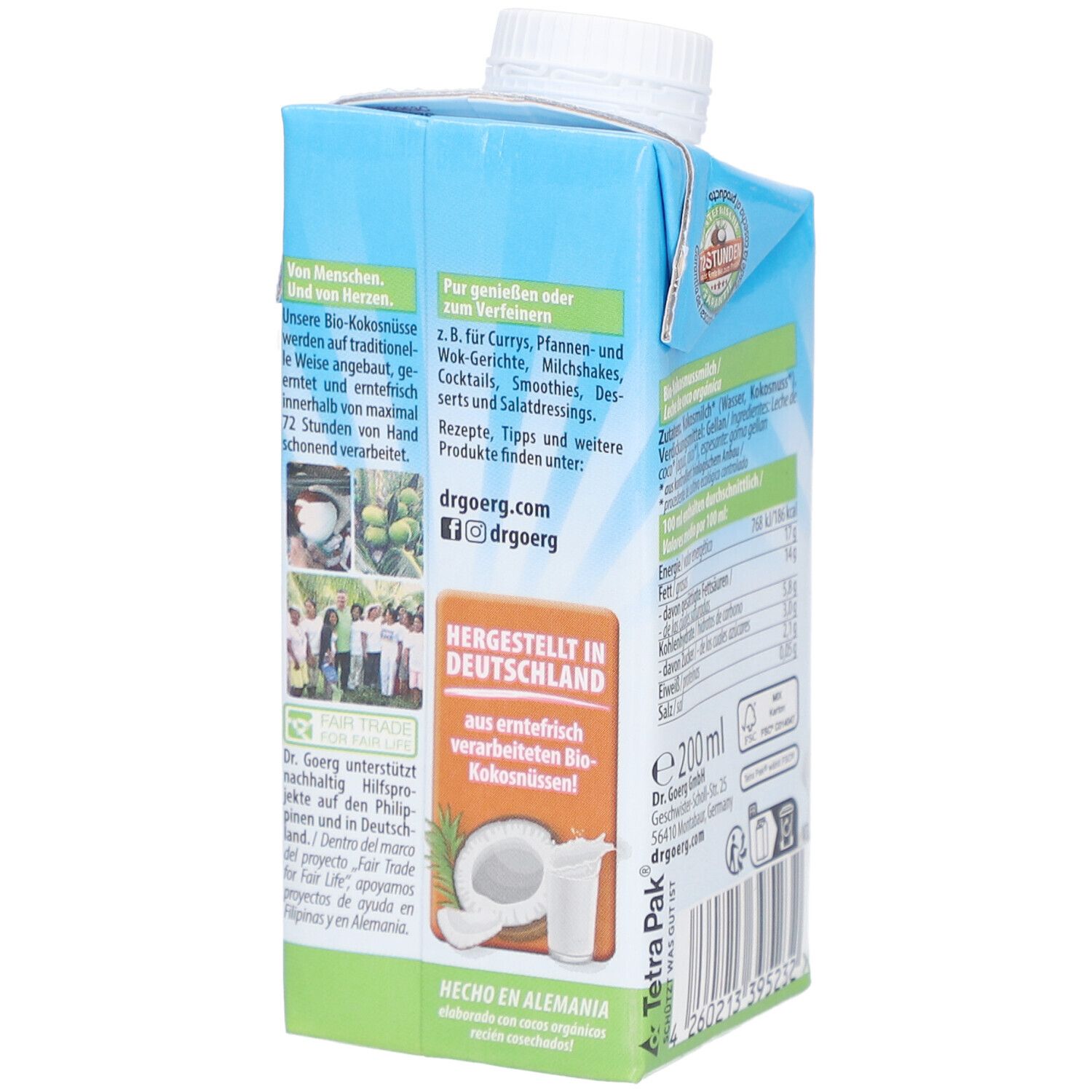 Rückseite der Bio-Kokosmilch-Packung. Text: Hergestellt in Deutschland. Informationen zur Verwendung. Mit Bio-Siegel.