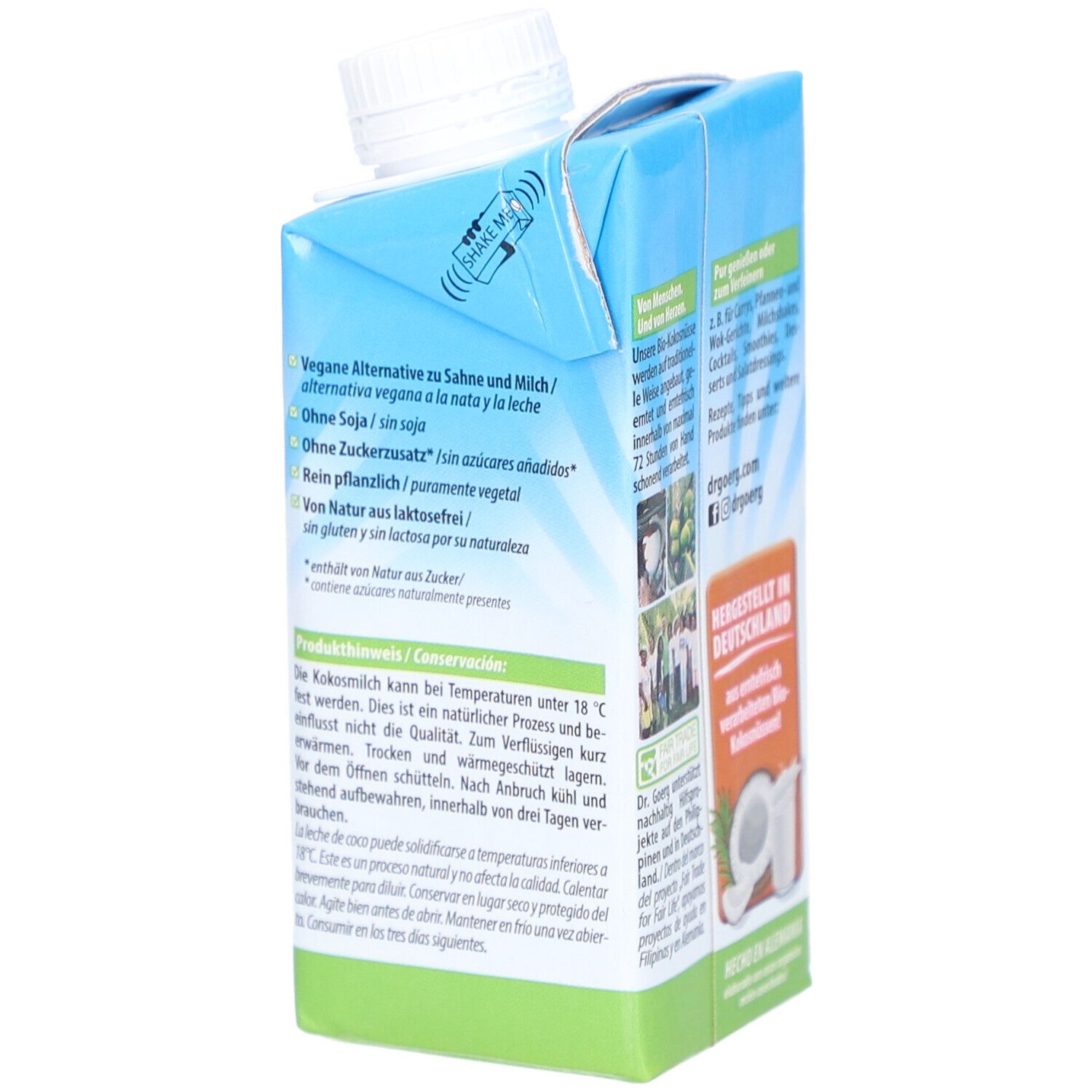 Bio-Kokosmilch-Packung. Text: Vegan, ohne Soja, ohne Zuckerzusatz, laktosefrei. Mit Bio-Siegel. Weiße Kappe.