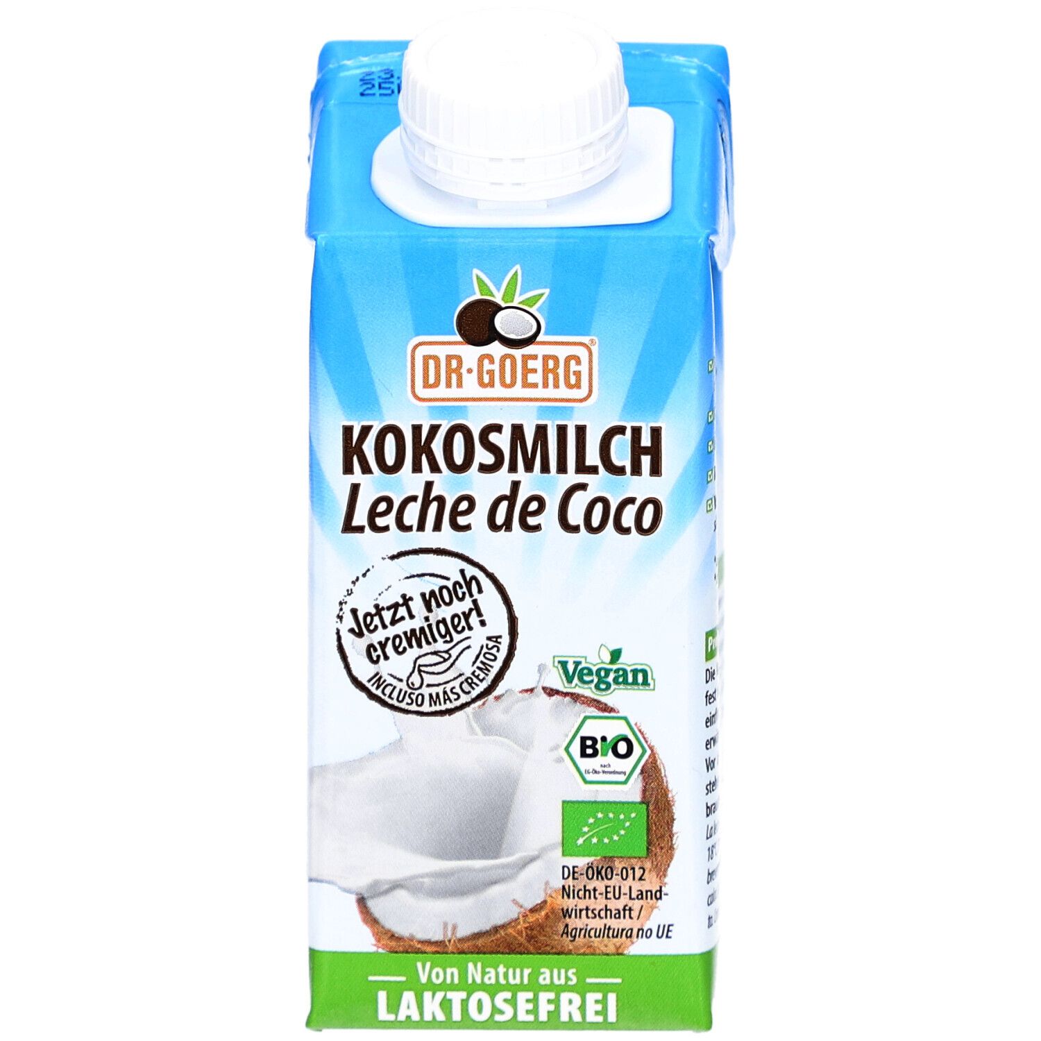 Bio-Kokosmilch-Packung. Marke: Dr. Goerg. Text: Kokosmilch, Laktosefrei, Vegan. Mit Bio-Siegel. Weiße Kappe.