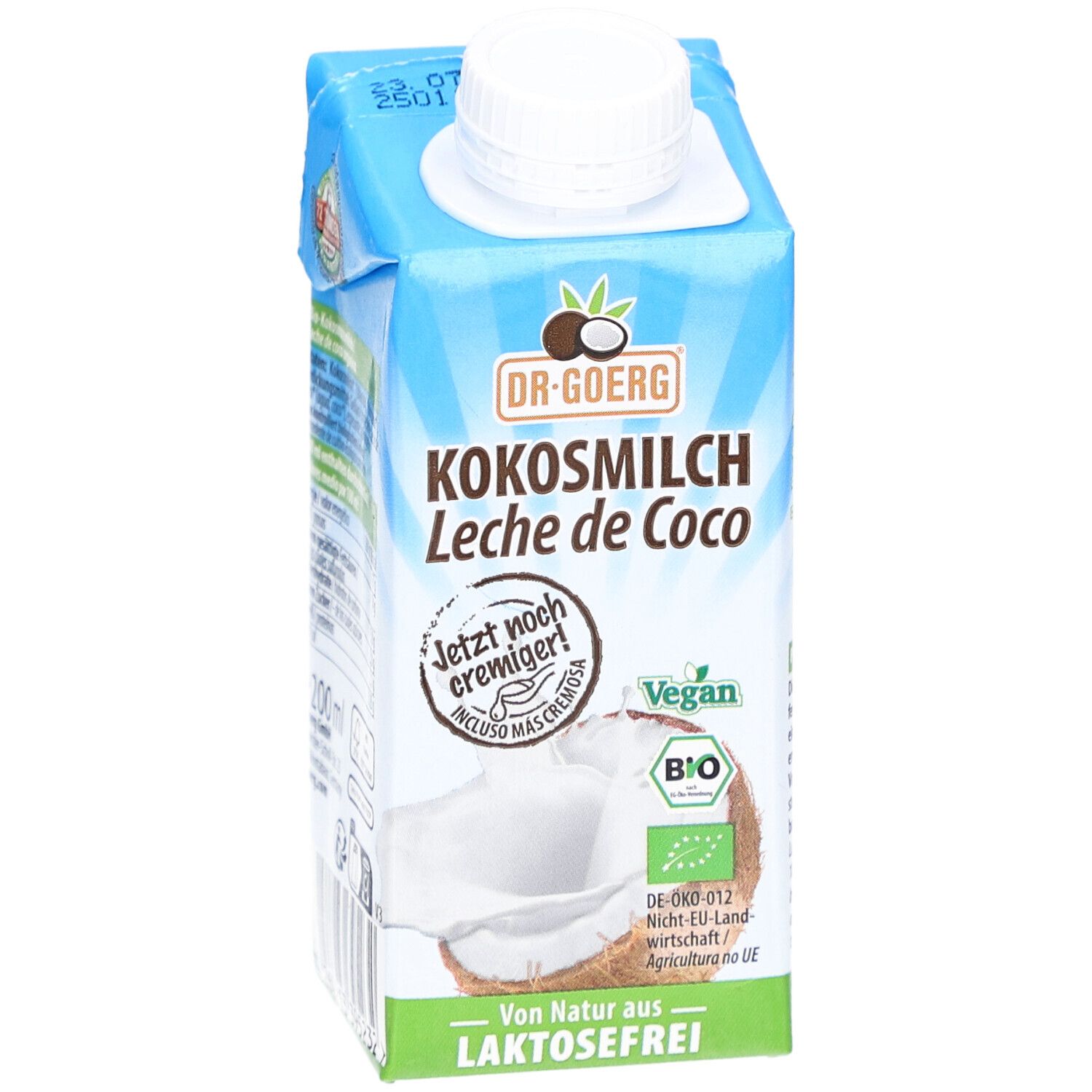 Bio-Kokosmilch-Packung. Marke: Dr. Goerg. Text: Kokosmilch, Laktosefrei, Vegan. Mit Bio-Siegel. Weiße Kappe.