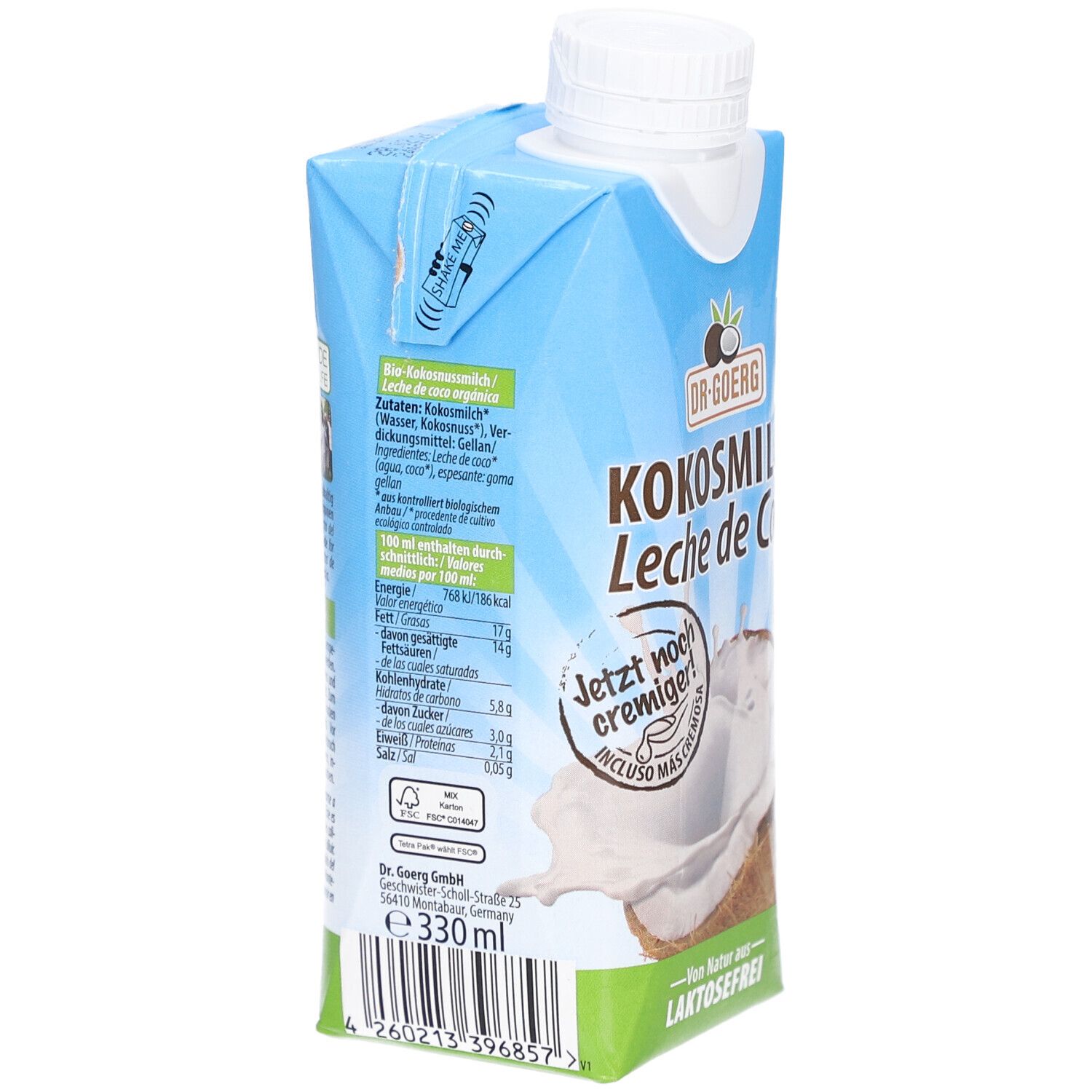 Brique de lait de coco. Inscriptions : Lait de coco, sans lactose, végétalien, label bio. Informations nutritionnelles et liste des ingrédients.