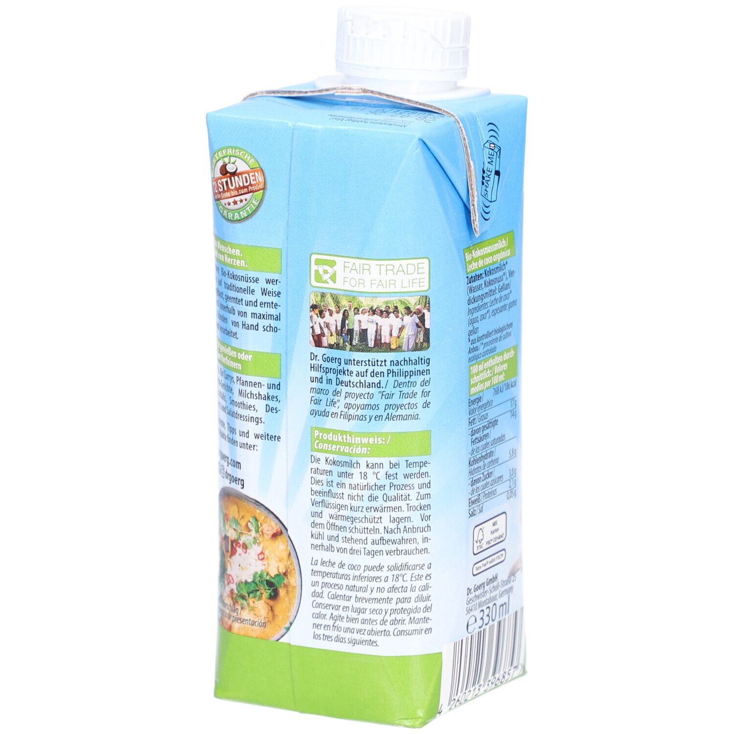 Brique de lait de coco. Dos avec texte et logos. Label Fair Trade. Image de personnes.