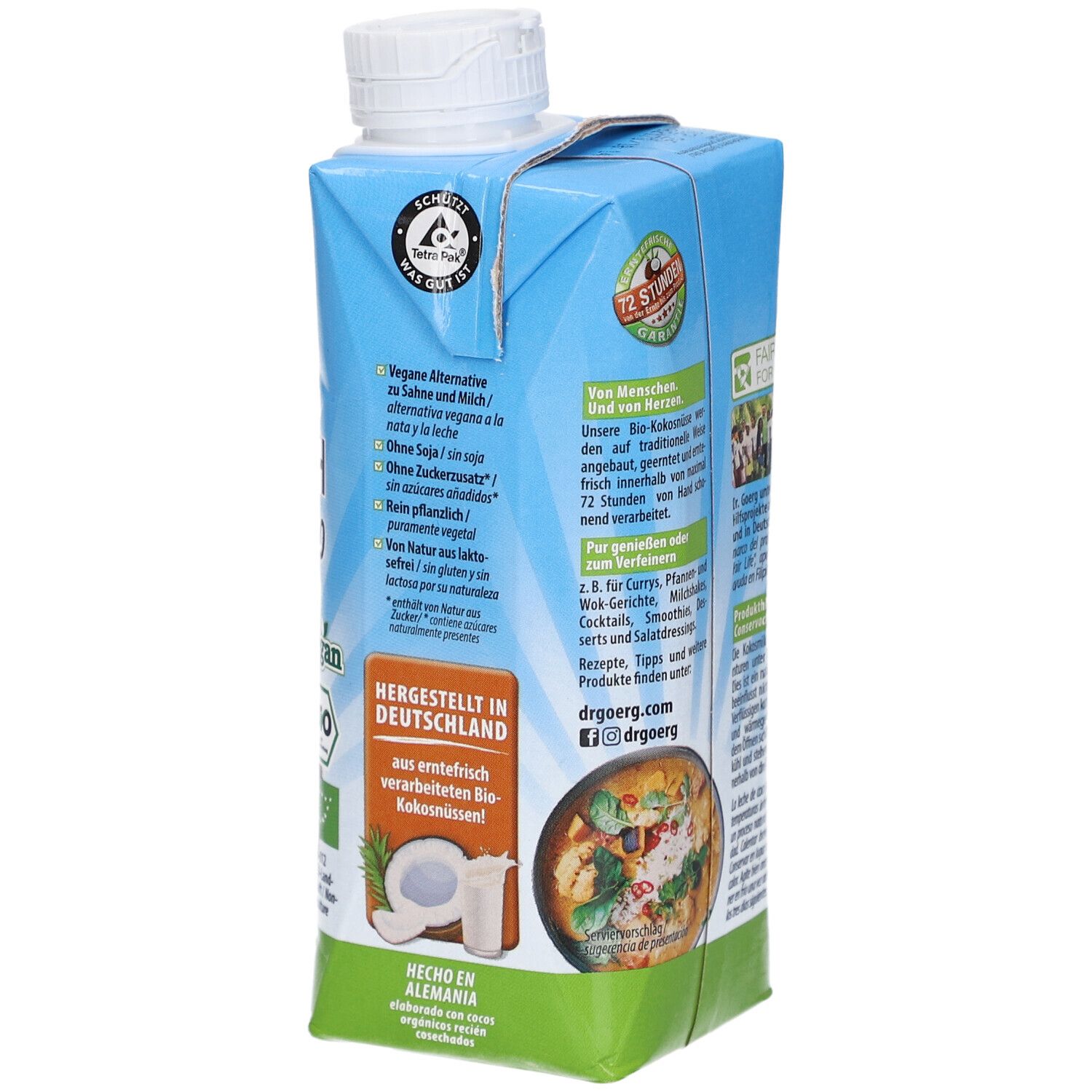 Brique de lait de coco. Dos avec texte et logos. Fabriqué en Allemagne. Image de noix de coco.