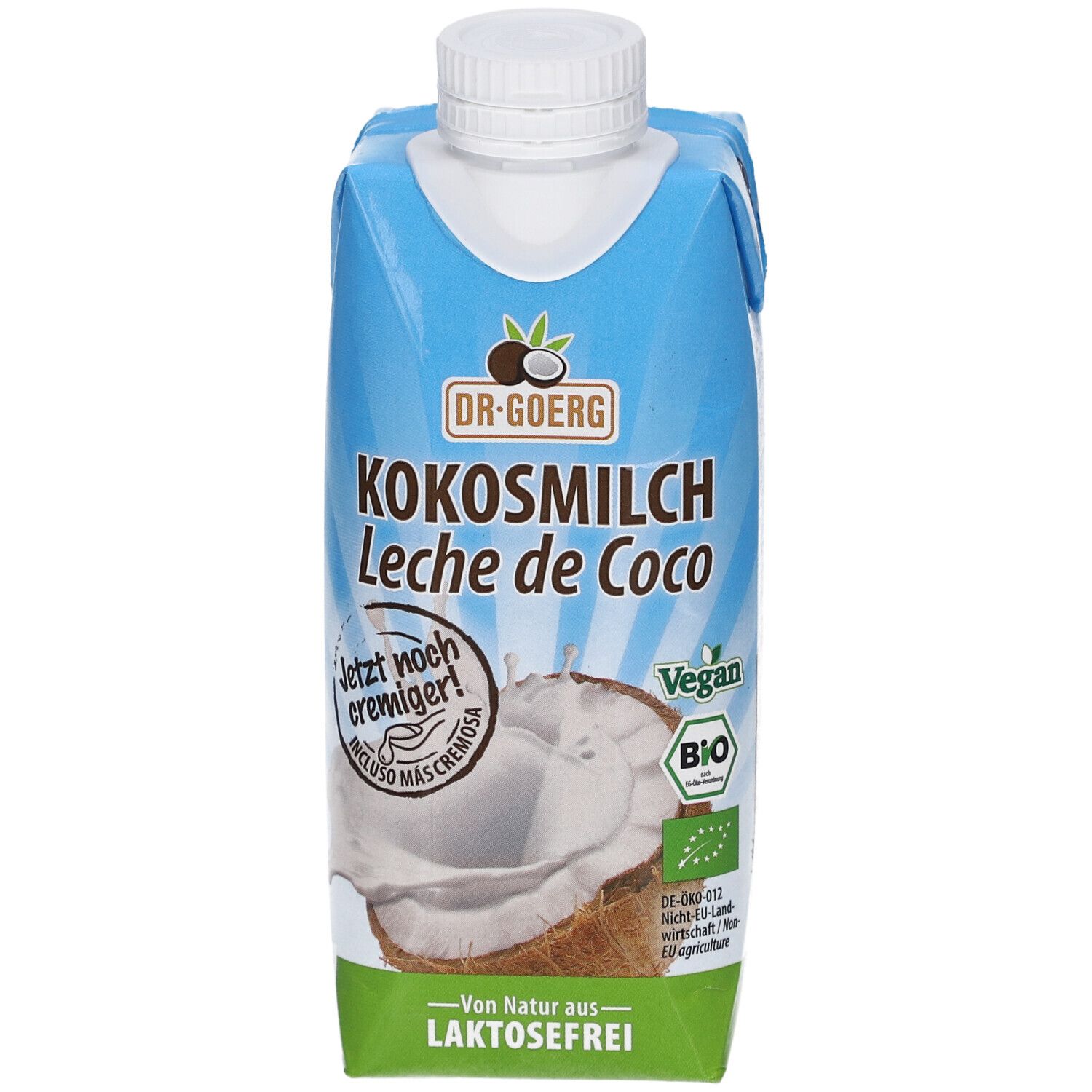 Brique de lait de coco. Inscriptions : Lait de coco, sans lactose, végétalien, label bio. Illustration d'une noix de coco.