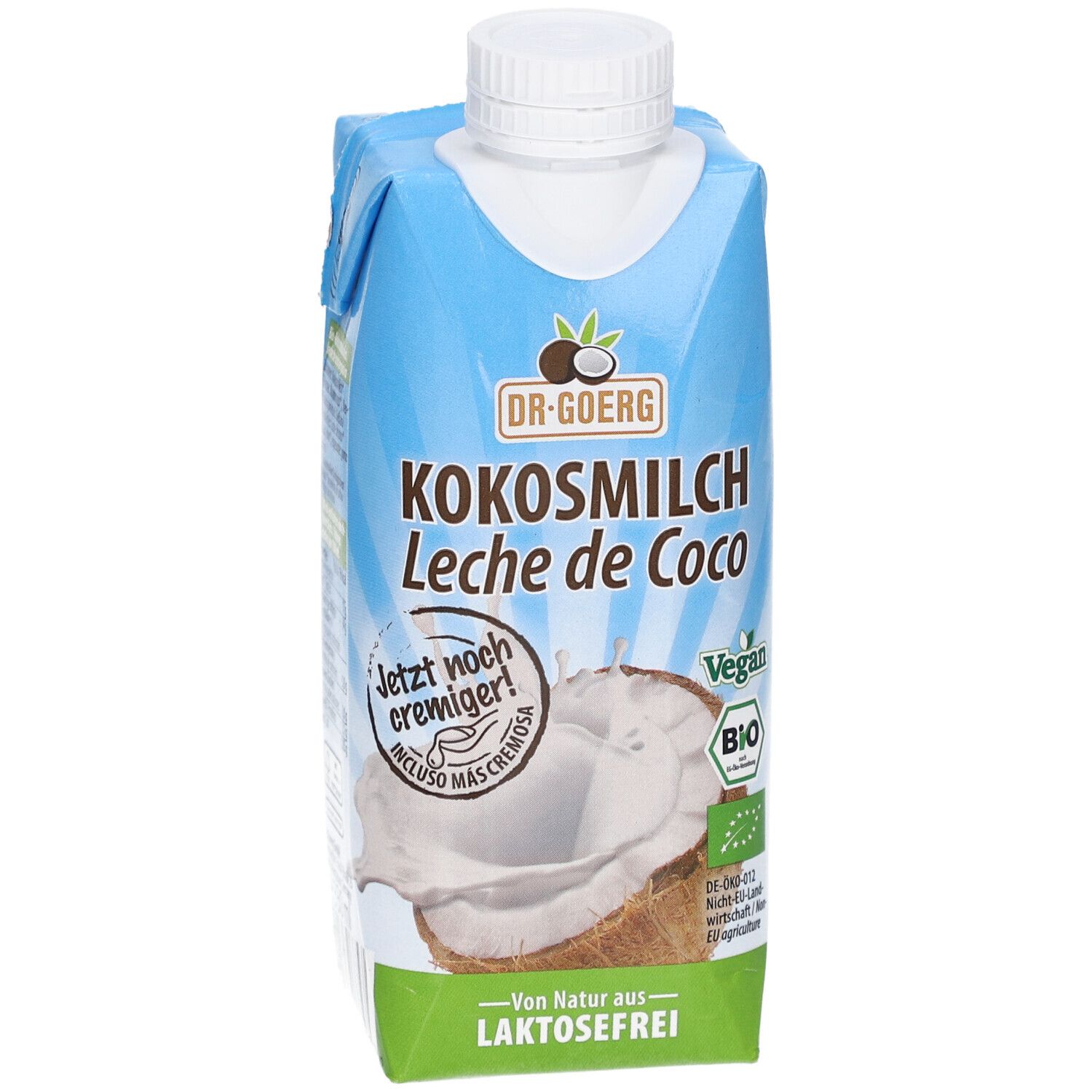Brique de lait de coco. Inscriptions : Lait de coco, sans lactose, végétalien, label bio. Illustration d'une noix de coco.