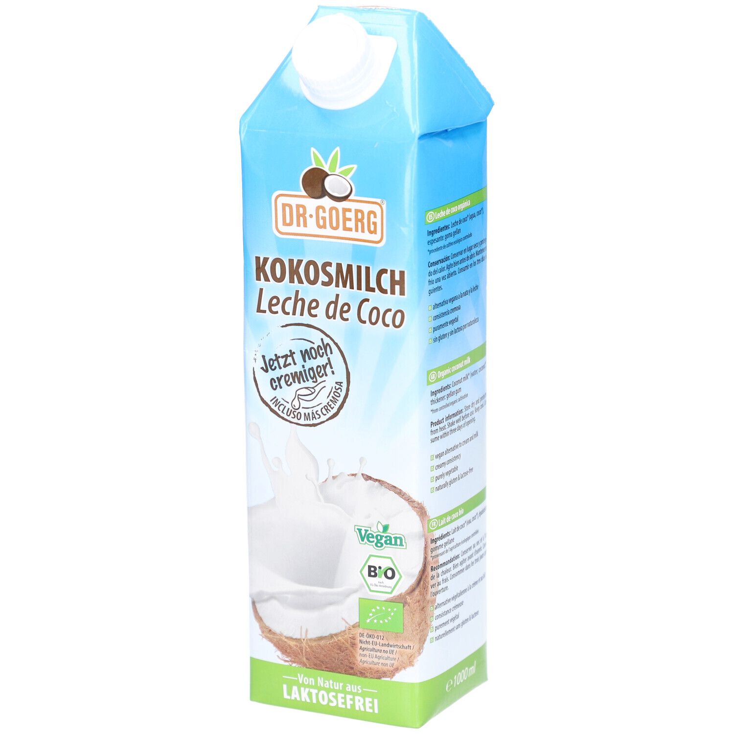 Blau-weiße Tetrapackung mit Kokosmilch. Aufschrift: DR. GOERG Kokosmilch, Leche de Coco. Vegan, Bio-Siegel. Laktosefrei.