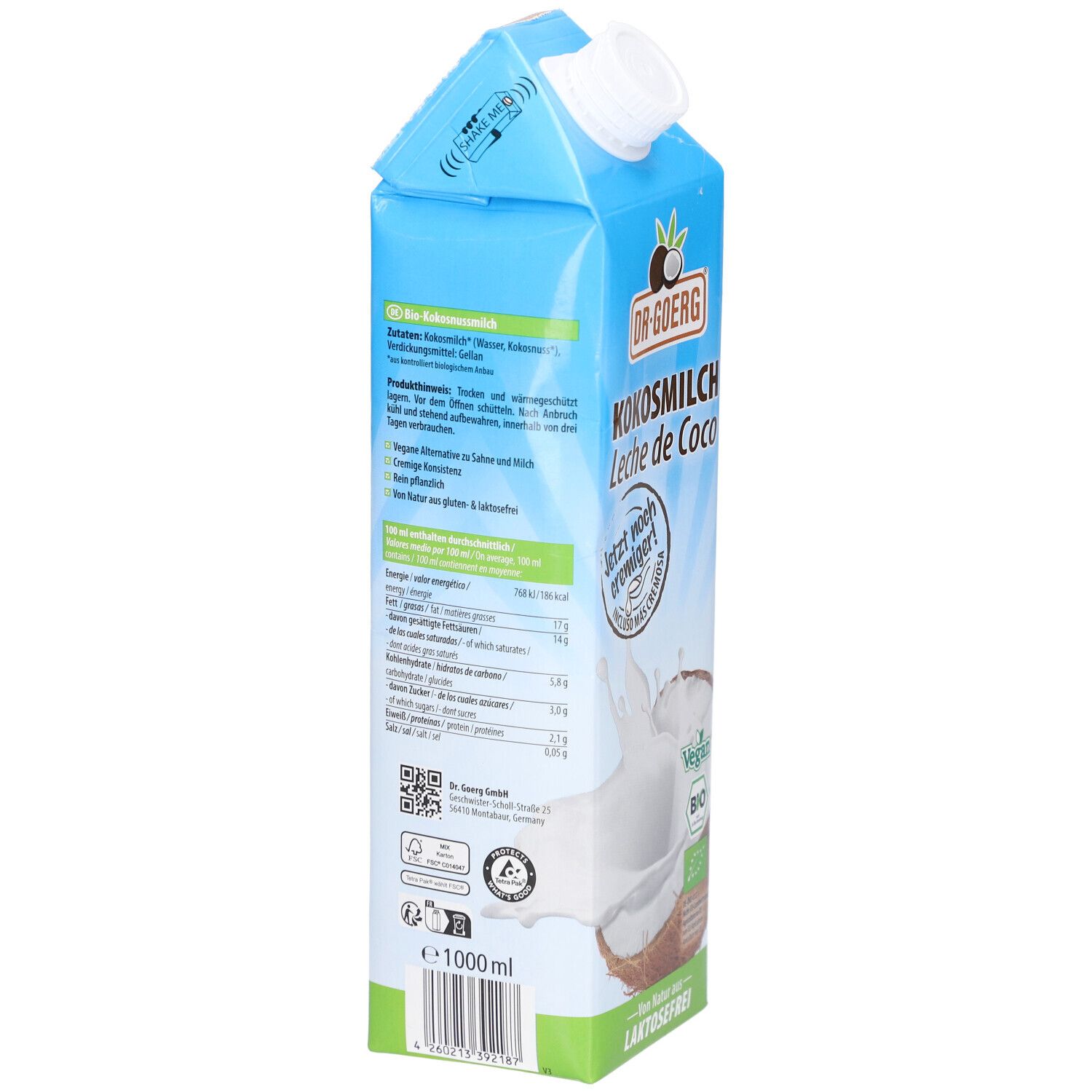 Rückseite der Kokosmilch-Verpackung. Angaben zu Inhaltsstoffen, Nährwerten, QR-Code. Vegan- und Bio-Siegel. 1000 ml.